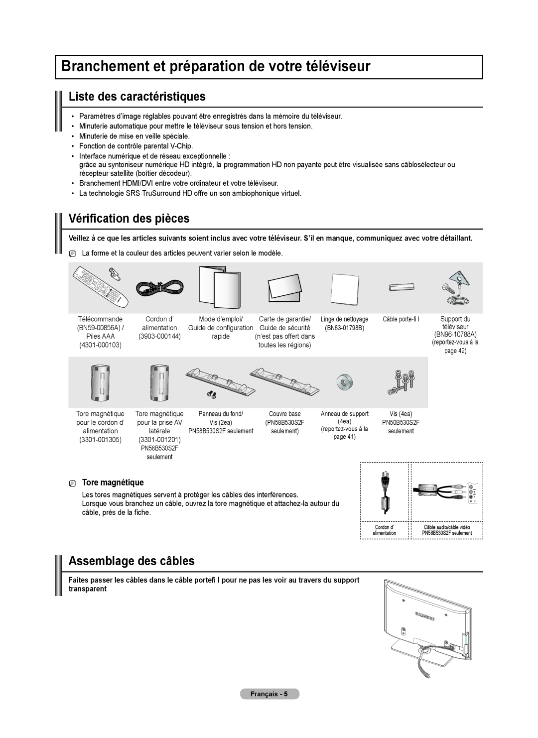 Samsung PN50B530S2F Branchement et préparation de votre téléviseur, Liste des caractéristiques, Vérification des pièces 