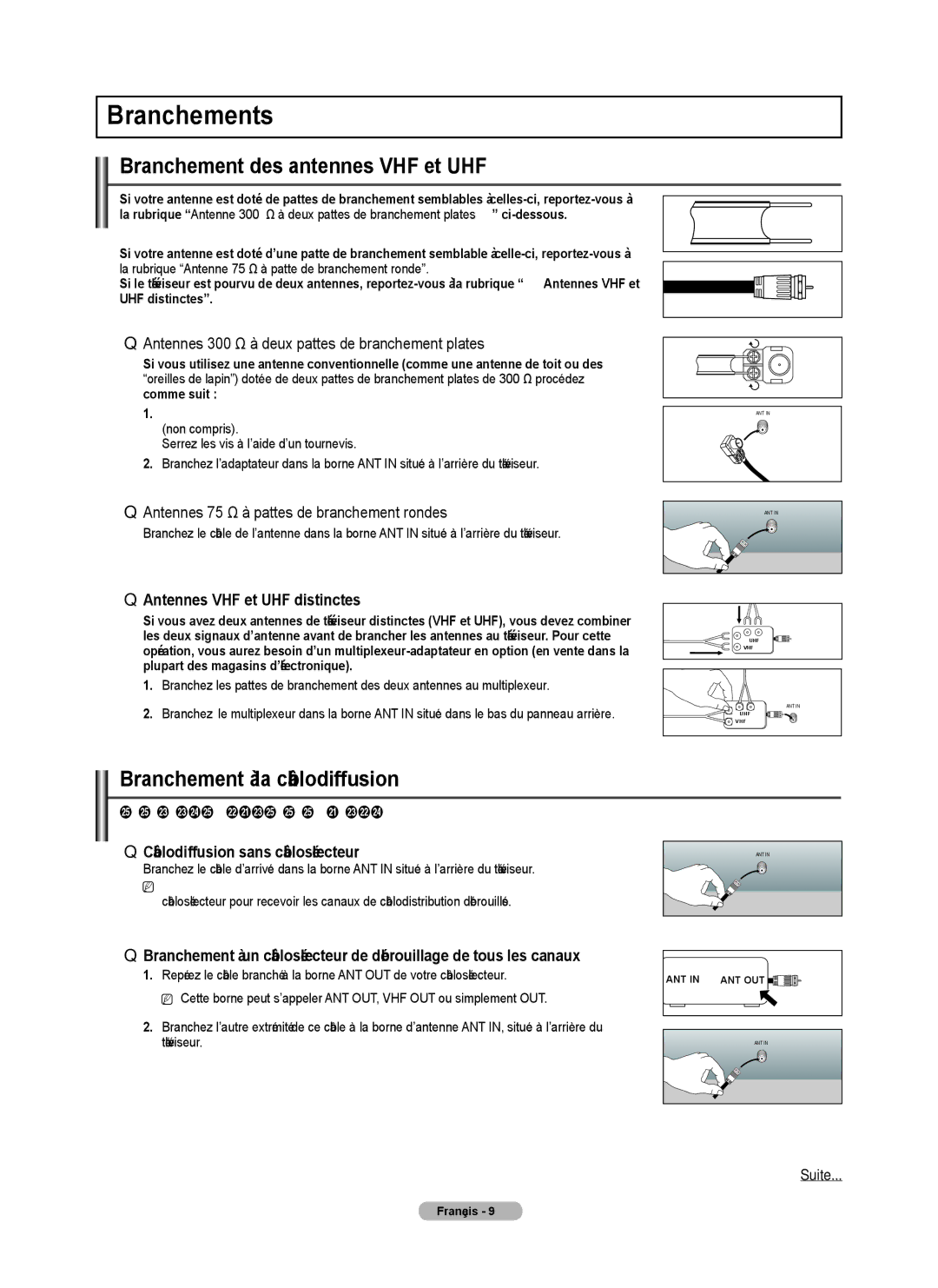 Samsung PN5B50SF, PN50B530S2F user manual Branchements, Branchement des antennes VHF et UHF, Branchement à la câblodiffusion 