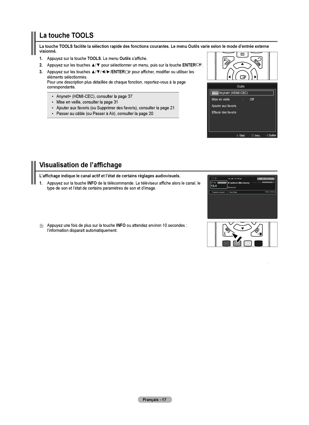 Samsung PN50B530S2F La touche Tools, Visualisation de l’affichage, Appuyez sur la touche TOOLS. Le menu Outils s’affiche 