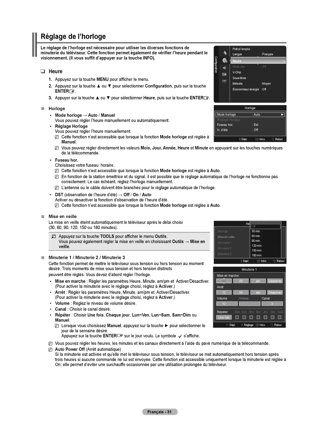 Samsung PN58B530S2F, PN50B530S2F, PN5B50SF user manual Réglage de l’horloge, Fuseau hor,  Mise en veille, Manuel 