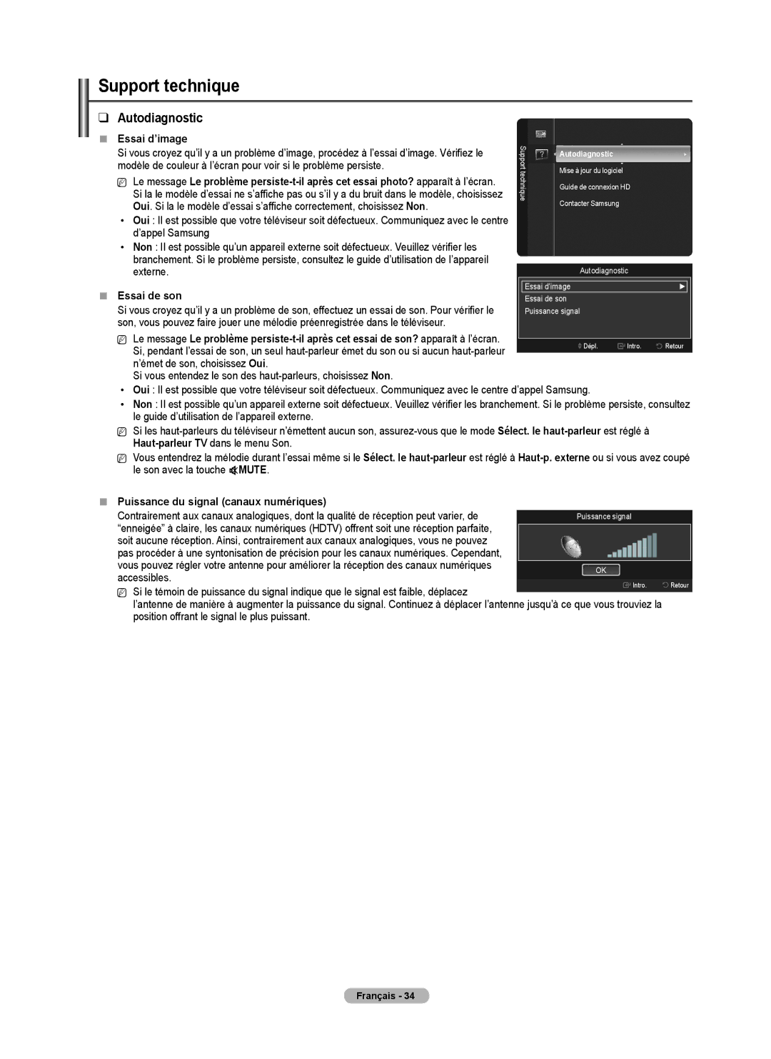 Samsung PN58B530S2F, PN50B530S2F, PN5B50SF user manual Support technique, Autodiagnostic,  Essai d’image,  Essai de son 