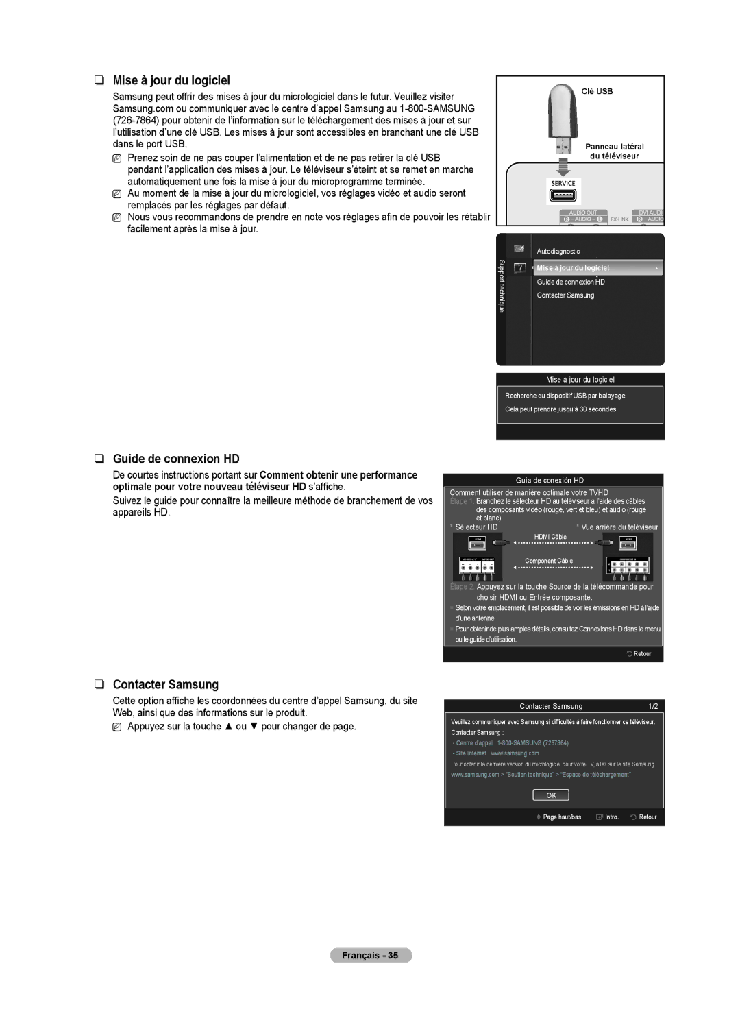 Samsung PN50B530S2F, PN5B50SF, PN58B530S2F user manual Mise à jour du logiciel, Guide de connexion HD, Contacter Samsung 