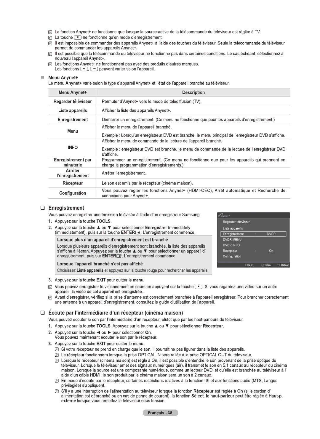 Samsung PN50B530S2F, PN5B50SF Enregistrement, Écoute par l’intermédiaire d’un récepteur cinéma maison,  Menu Anynet+ 