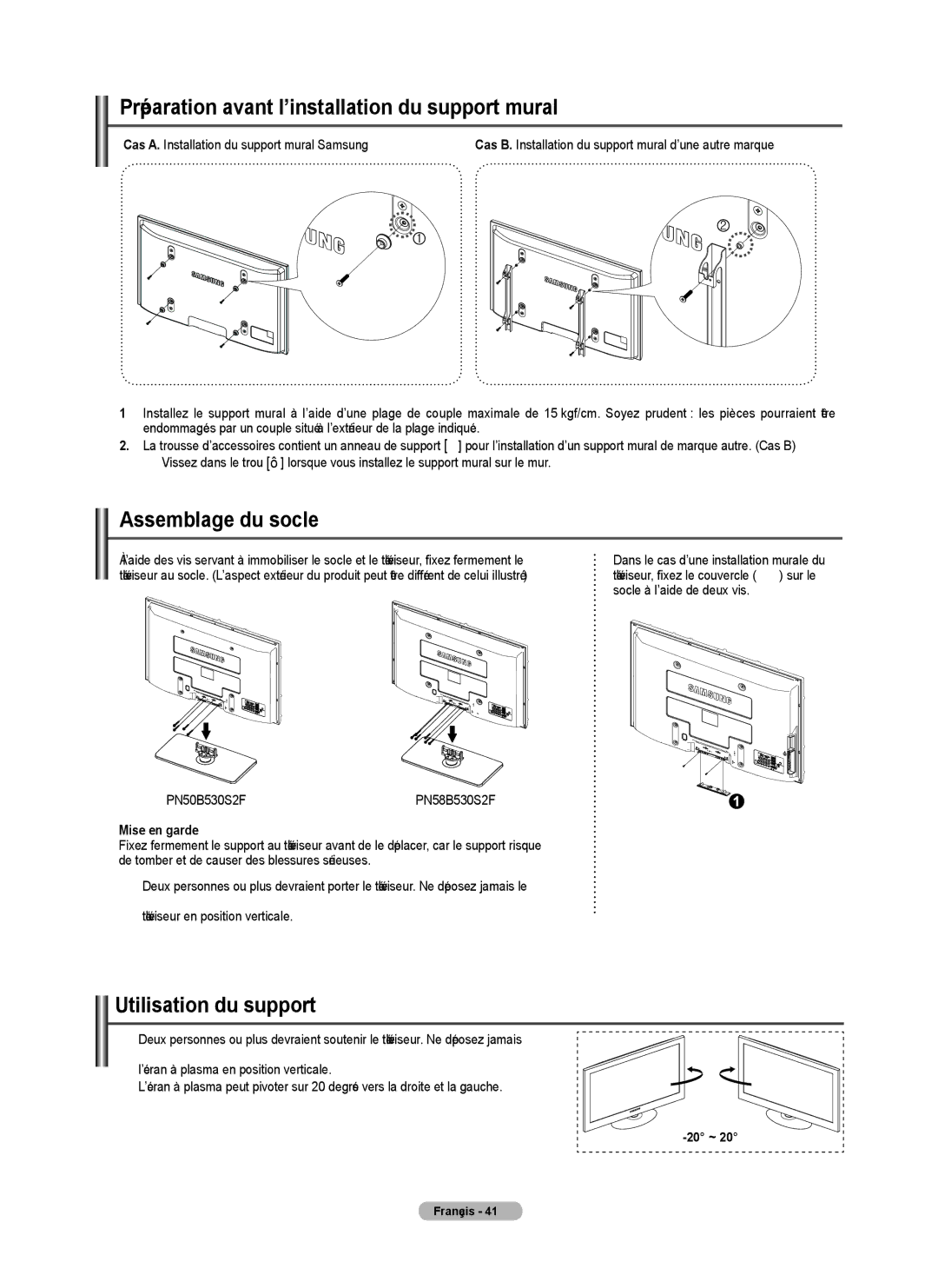 Samsung PN50B530S2F Préparation avant l’installation du support mural, Assemblage du socle, Utilisation du support 