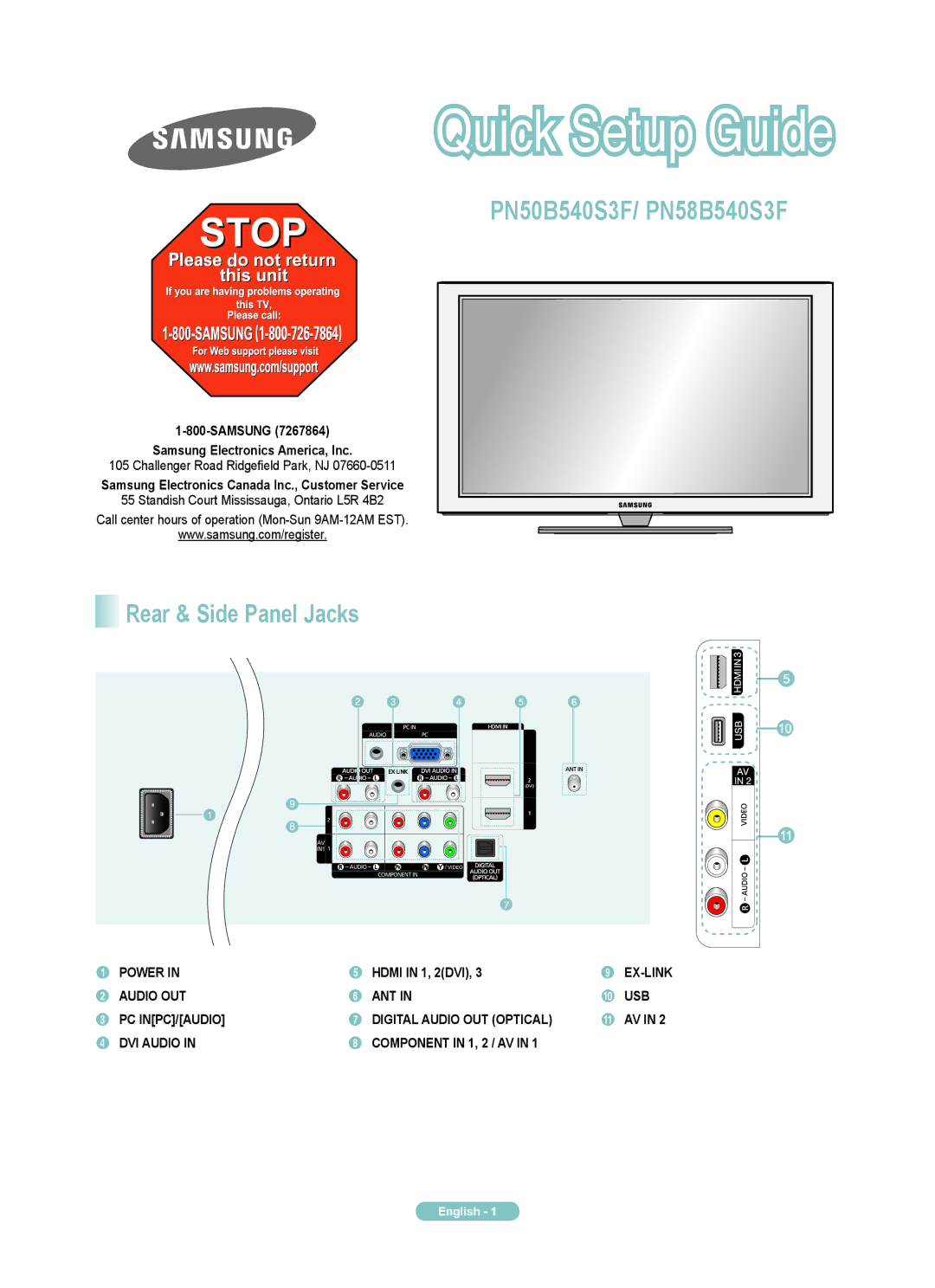 Samsung PN58B540S3F, PN50B540S3F manual Rear & Side Panel Jacks, Samsung Samsung Electronics America, Inc 