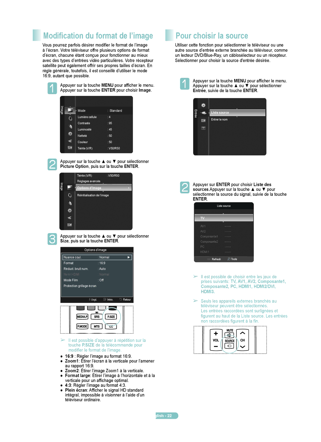Samsung PN58B540S3F manual Pour choisir la source, Picture Option, puis sur la touche Enter, Size, puis sur la touche Enter 