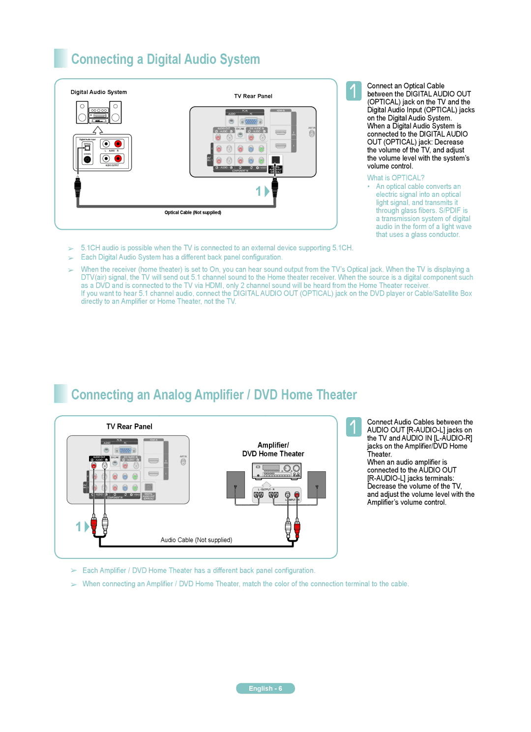 Samsung PN50B540S3F, PN58B540S3F manual Connecting a Digital Audio System, Connecting an Analog Amplifier / DVD Home Theater 