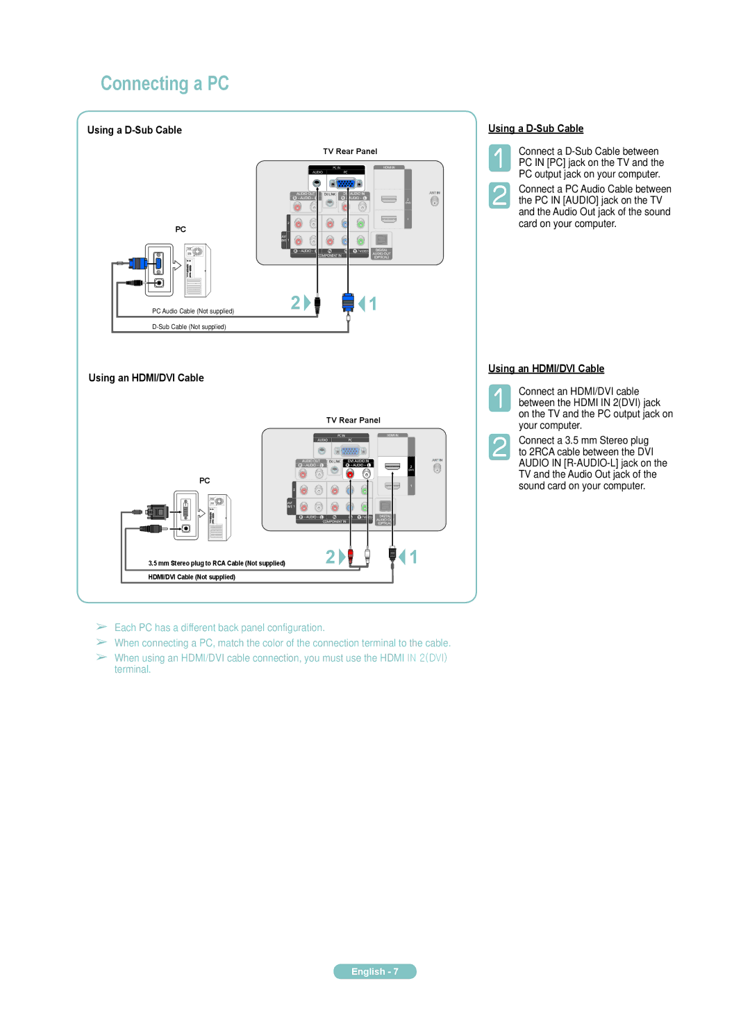 Samsung PN58B540S3F, PN50B540S3F manual Connecting a PC, Using a D-Sub Cable, Using an HDMI/DVI Cable 