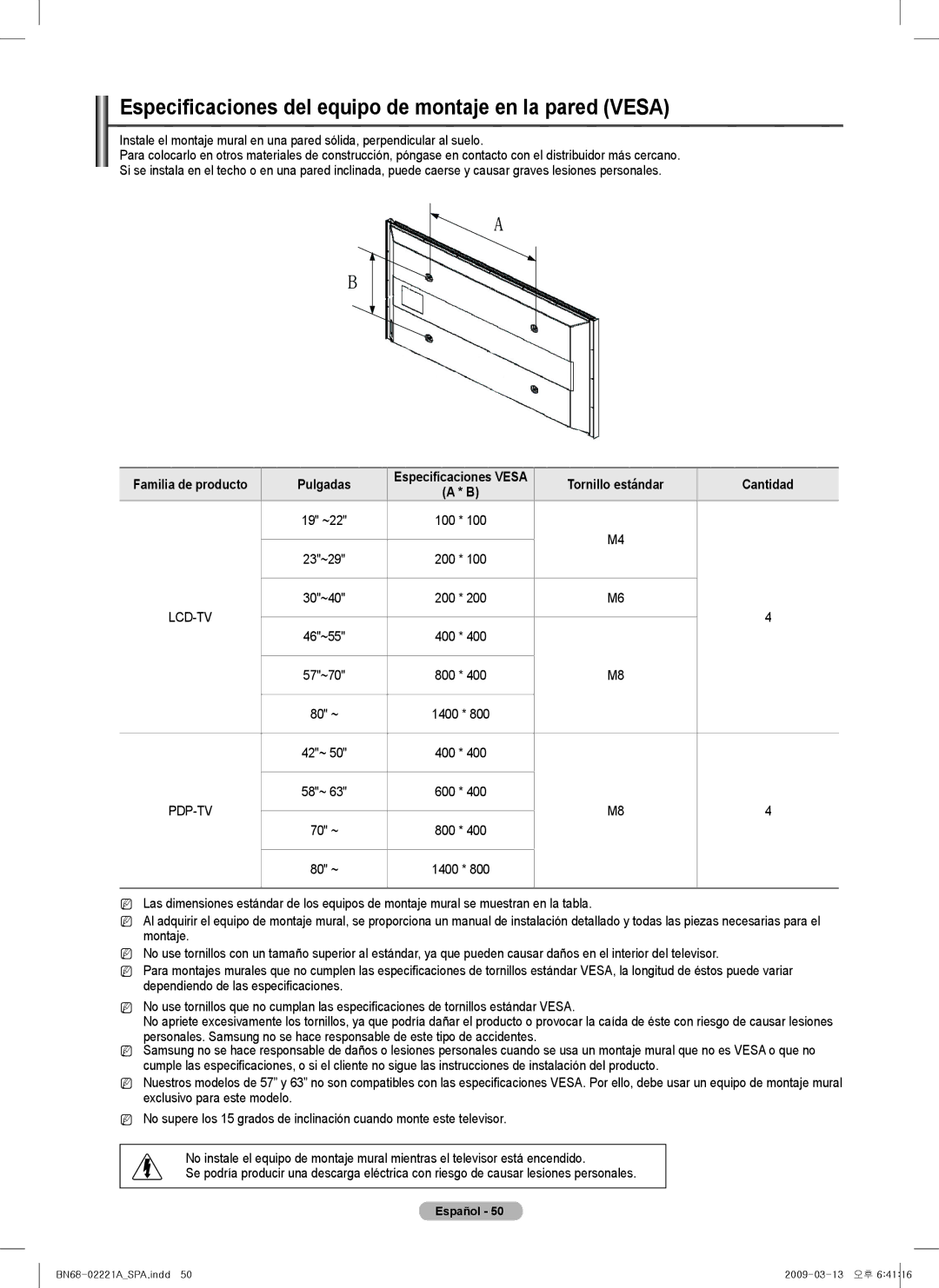 Samsung PN63B550T2F, PN50B550T2F, PN50B560T5F, PN58B550T2F Especificaciones del equipo de montaje en la pared Vesa, Pulgadas 