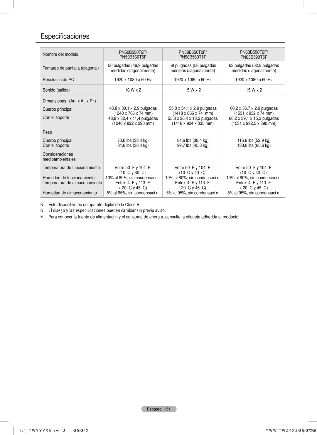 Samsung PN58B560T5F, PN50B550T2F, PN50B560T5F, PN58B550T2F, PN63B590T5F, PN63B550T2F user manual Especificaciones 