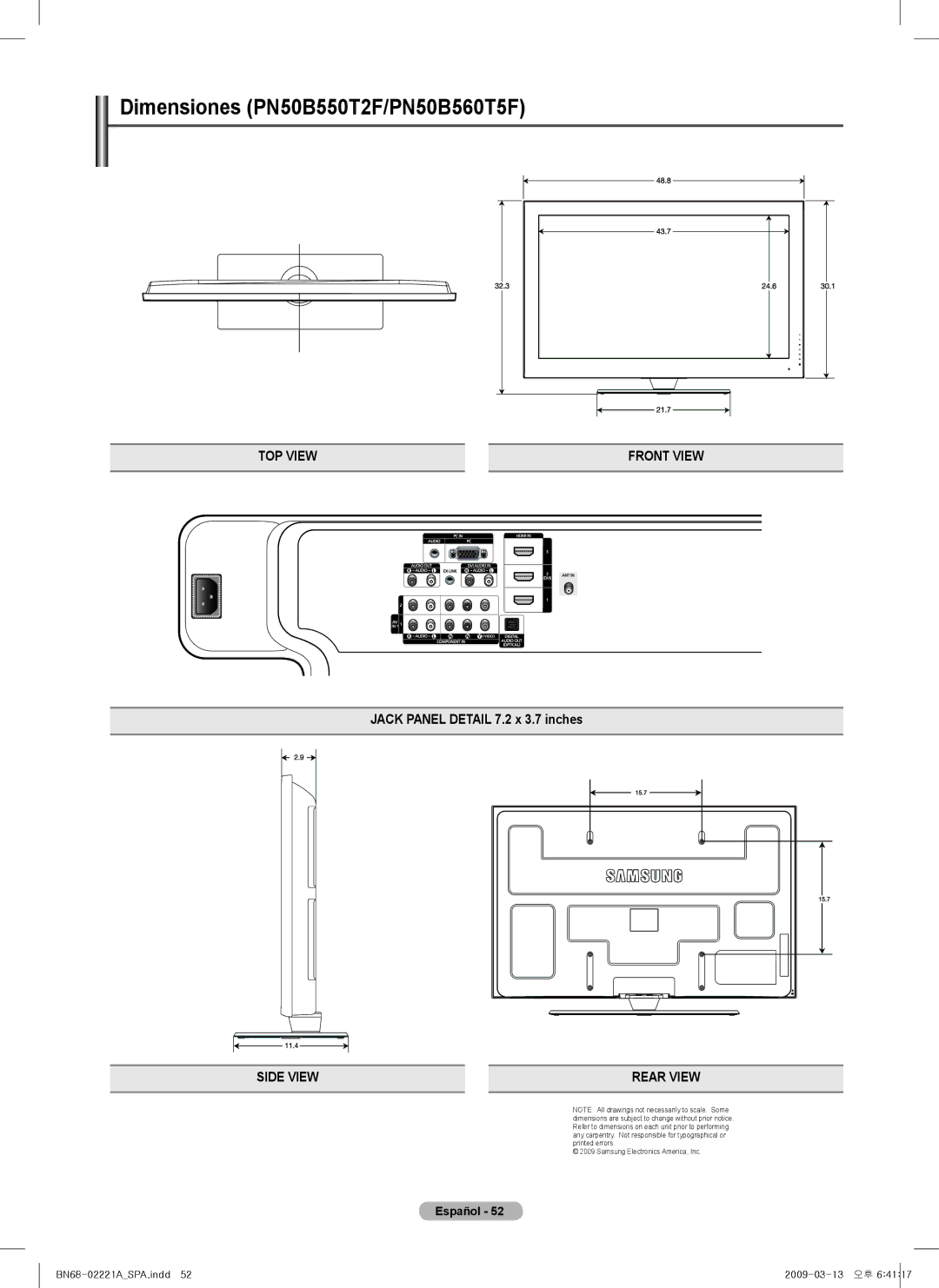 Samsung PN58B550T2F, PN63B590T5F, PN63B550T2F Dimensiones PN50B550T2F/PN50B560T5F, Jack Panel Detail 7.2 x 3.7 inches 