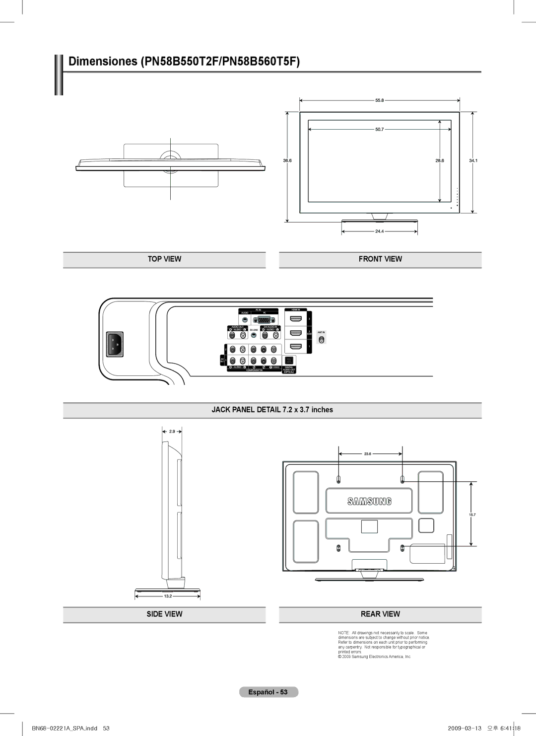 Samsung PN50B560T5F, PN50B550T2F, PN63B590T5F, PN63B550T2F user manual Dimensiones PN58B550T2F/PN58B560T5F 