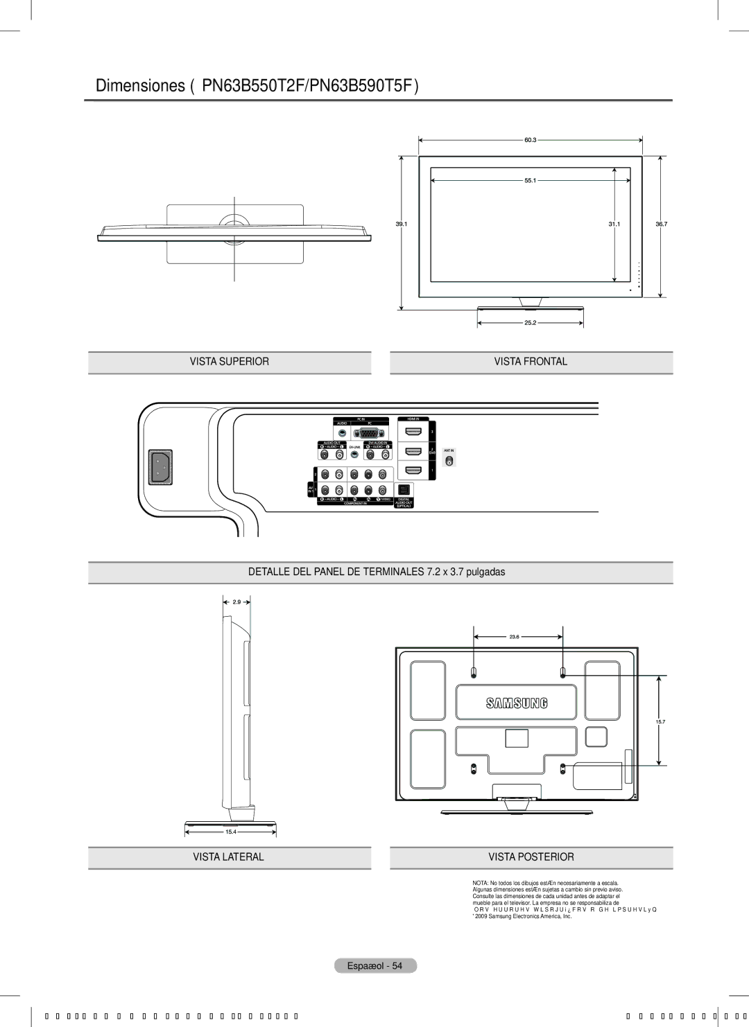 Samsung PN58B550T2F, PN50B550T2F Dimensiones PN63B550T2F/PN63B590T5F, Detalle DEL Panel DE Terminales 7.2 x 3.7 pulgadas 