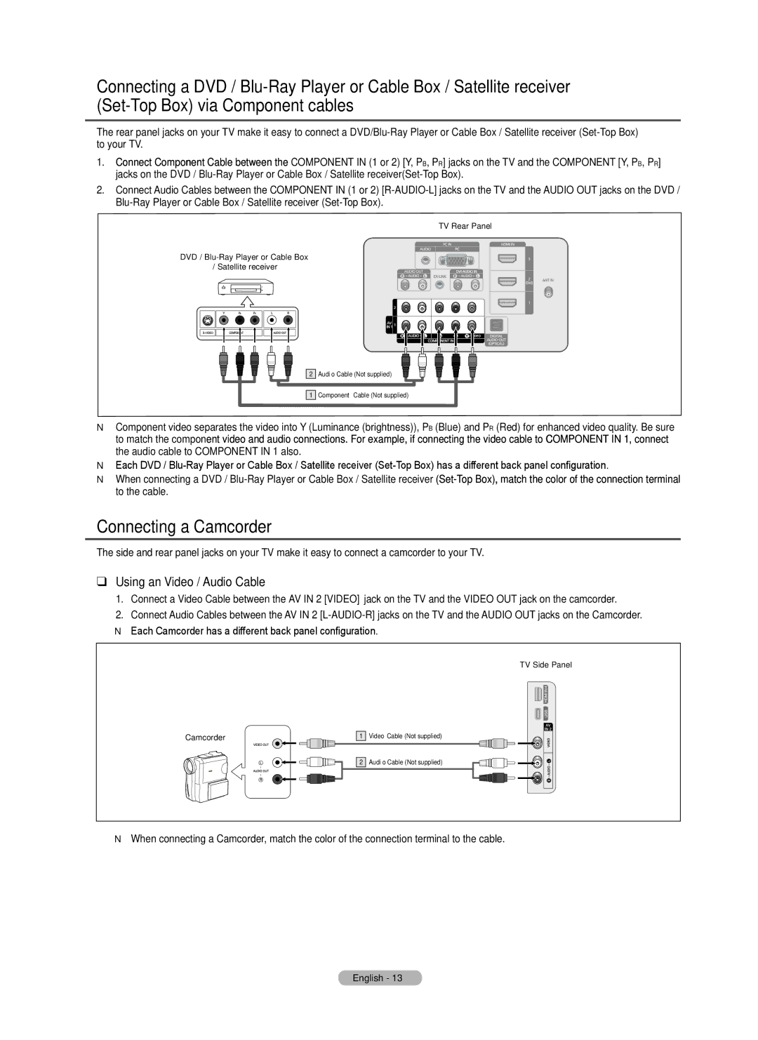 Samsung PN58B560T5F, PN50B550T2F, PN50B560T5F, PN58B550T2F, PN63B590T5F Connecting a Camcorder, Using an Video / Audio Cable 