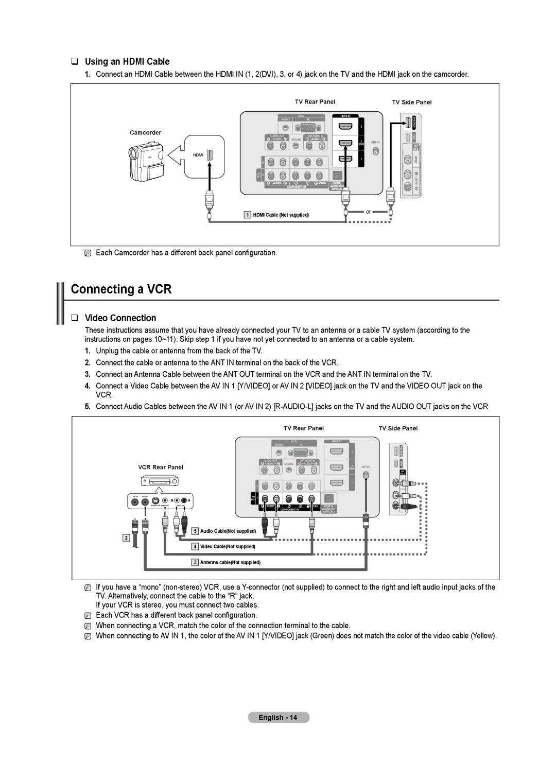 Samsung PN50B550T2F, PN50B560T5F, PN58B550T2F, PN63B590T5F user manual Connecting a VCR, Using an Hdmi Cable, Video Connection 