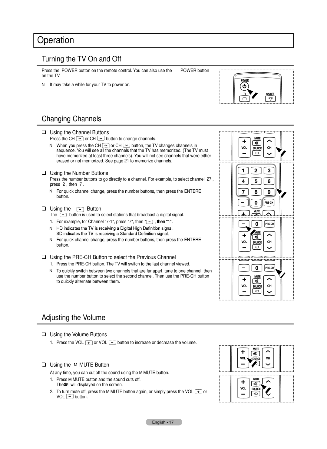 Samsung PN63B590T5F, PN50B550T2F, PN50B560T5F Operation, Turning the TV On and Off, Changing Channels, Adjusting the Volume 