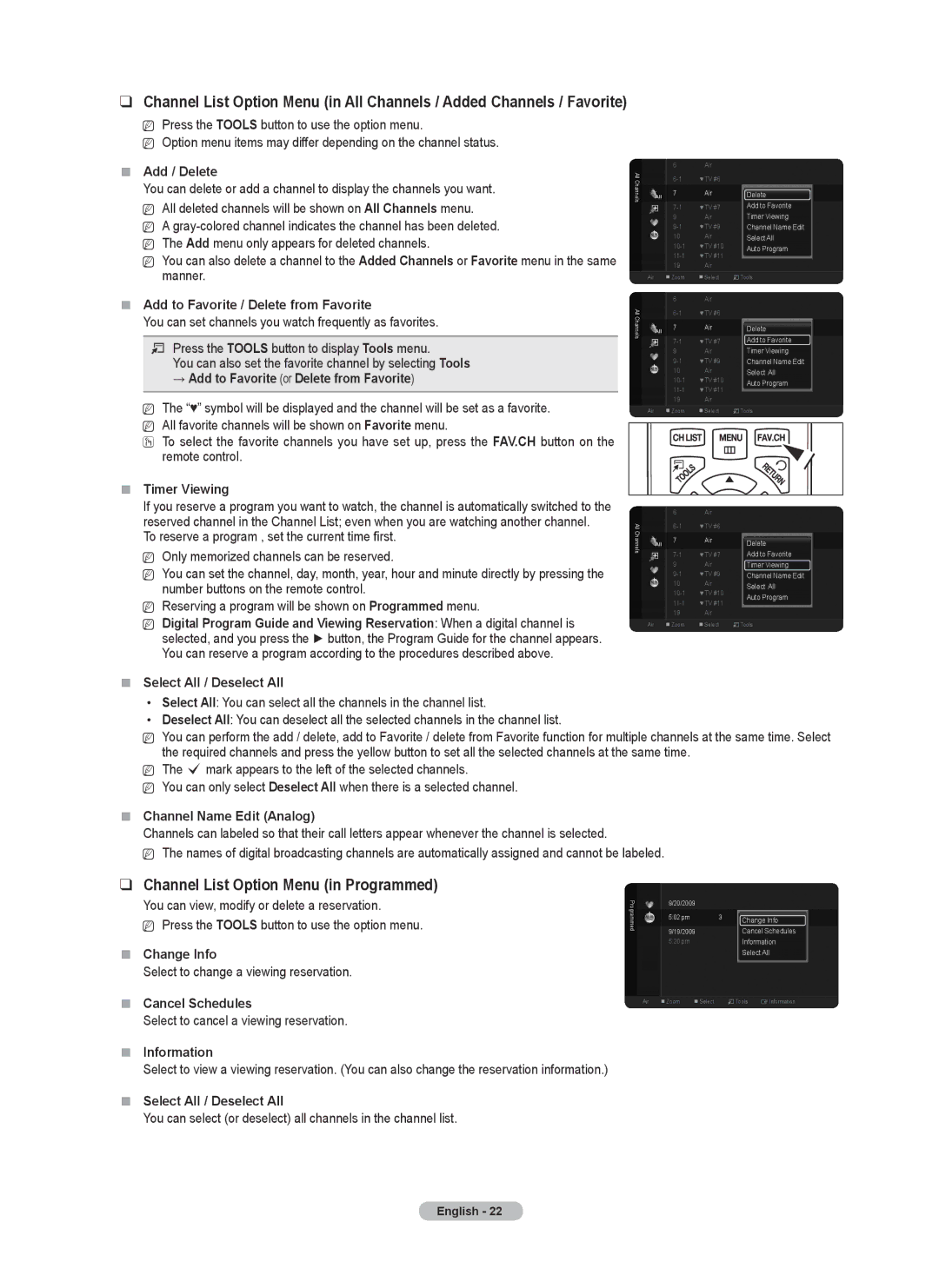 Samsung PN50B560T5F, PN50B550T2F, PN58B550T2F, PN63B590T5F, PN63B550T2F, PN58B560T5F Channel List Option Menu in Programmed 