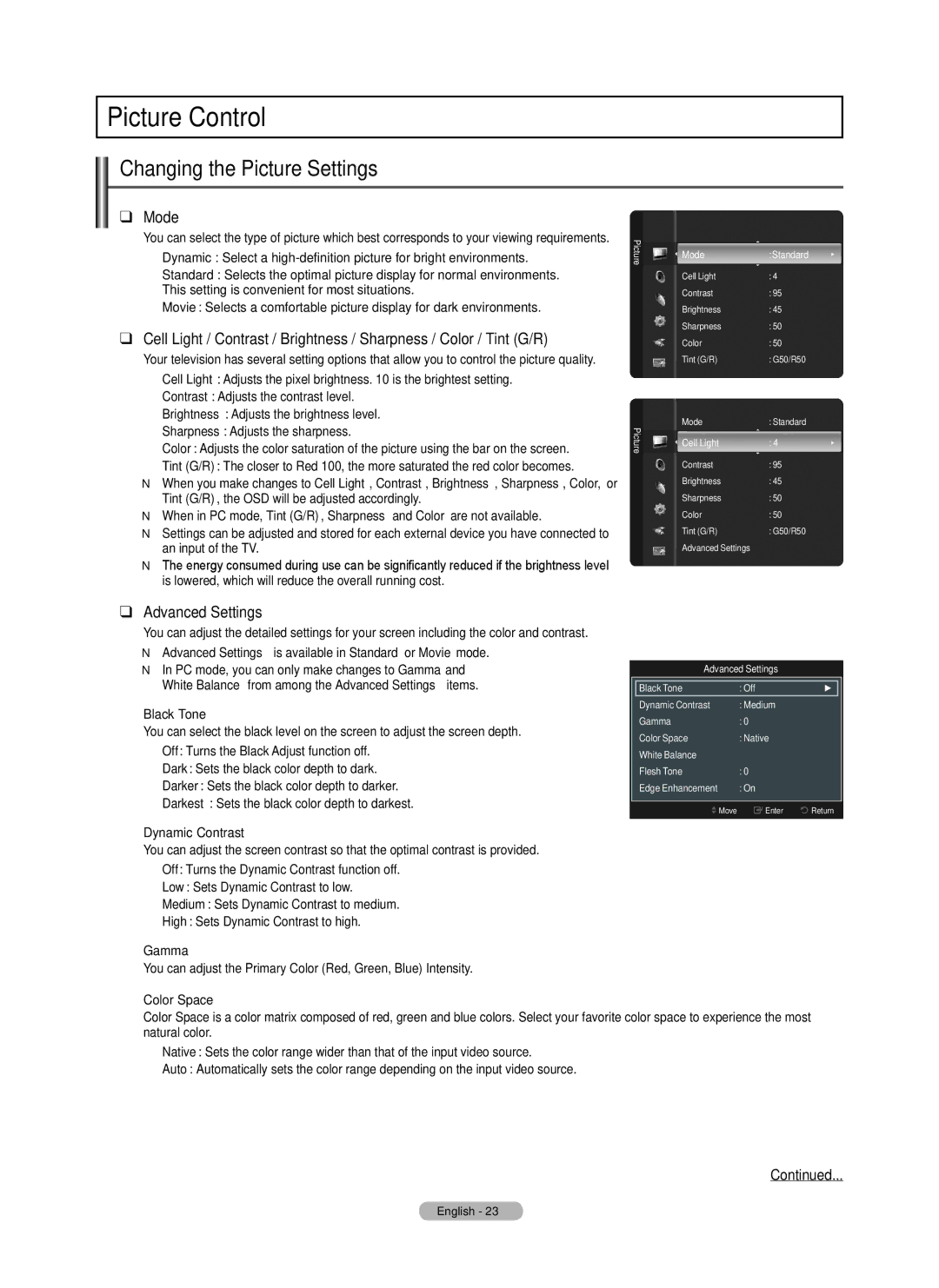 Samsung PN58B550T2F, PN50B550T2F, PN50B560T5F Picture Control, Changing the Picture Settings, Mode, Advanced Settings 