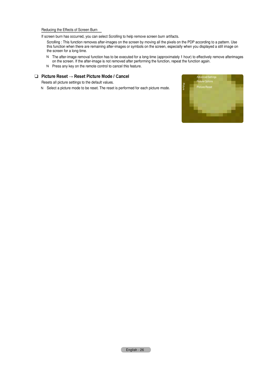 Samsung PN63B550T2F, PN50B550T2F, PN63B590 Picture Reset → Reset Picture Mode / Cancel, Reducing the Effects of Screen Burn 