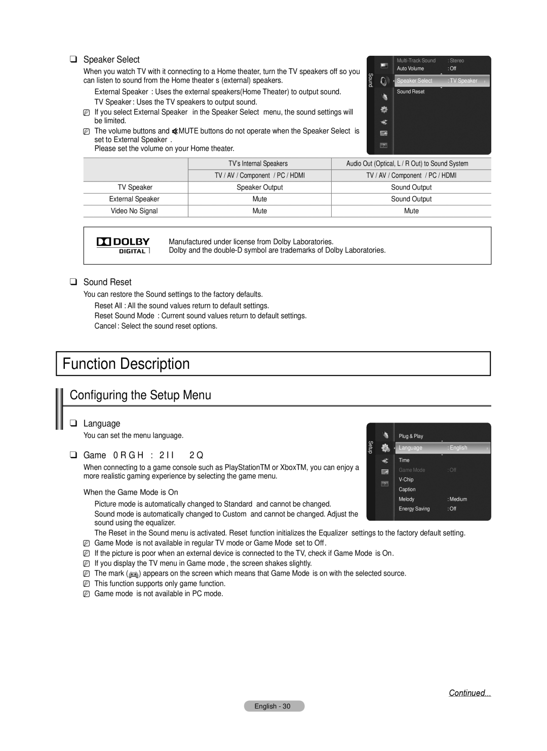 Samsung PN58B550T2F, PN50B550T2F Function Description, Configuring the Setup Menu, Speaker Select, Sound Reset, Language 