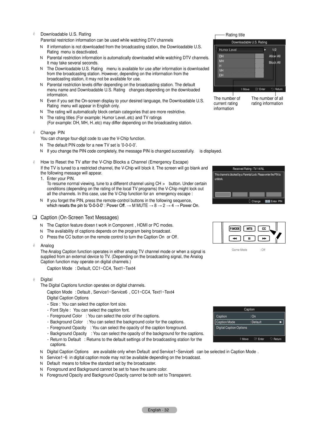 Samsung PN50B550T2F, PN50B560T5F, PN58B550T2F, PN63B590T5F Caption On-Screen Text Messages,  Change PIN,  Analog 