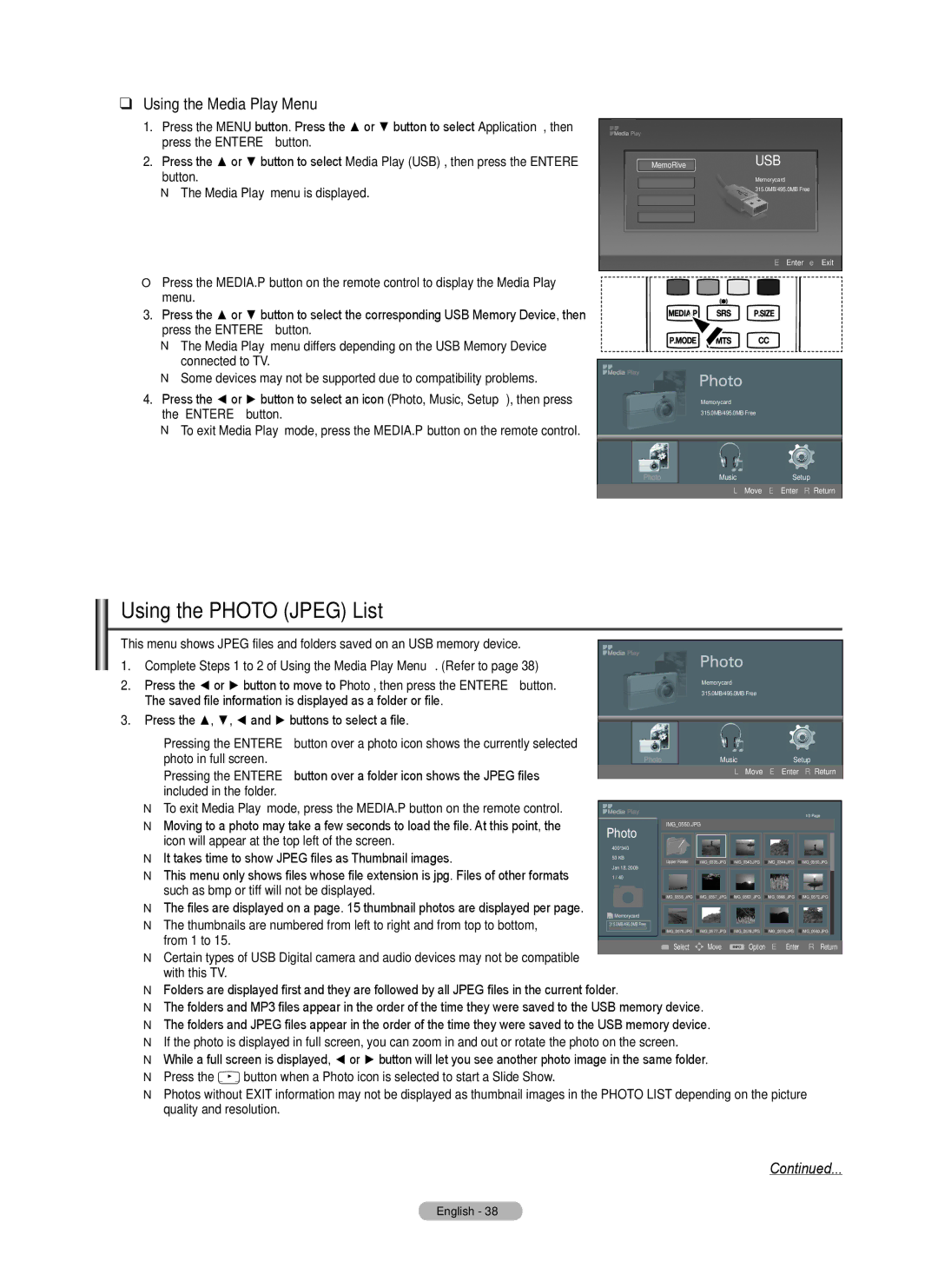 Samsung PN63B590T5F, PN50B550T2F, PN50B560T5F, PN58B550T2F, PN63B550T2F Using the Photo Jpeg List, Using the Media Play Menu 