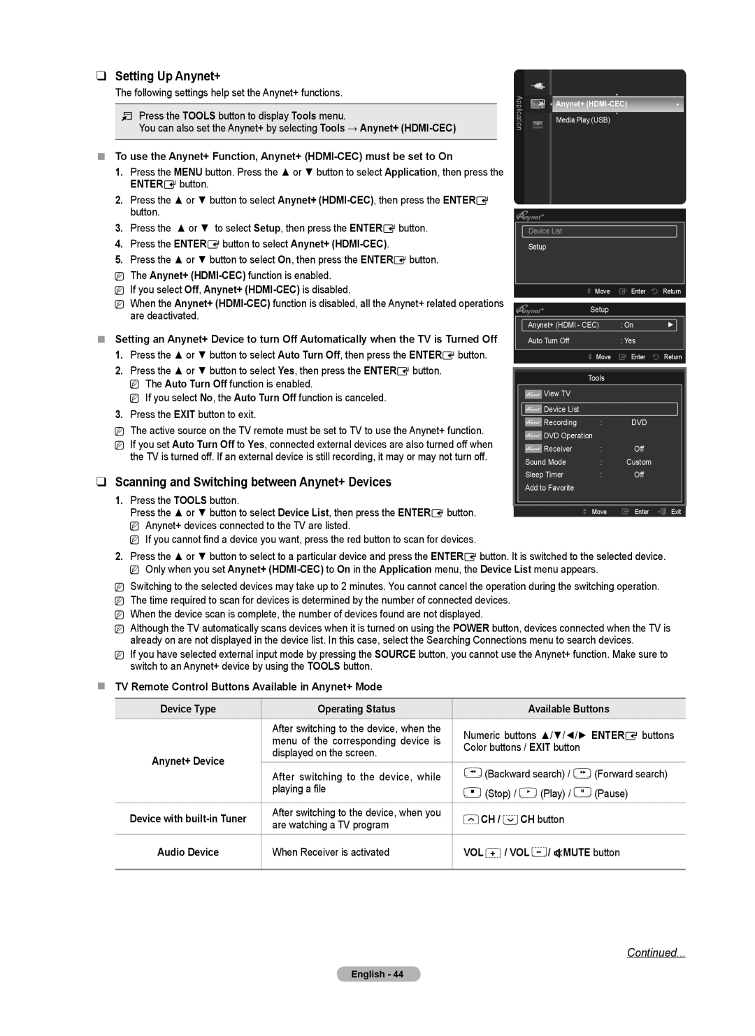 Samsung PN58B550T2F, PN50B550T2F, PN50B560T5F, PN63B590T5F, PN63B550T2F, PN58B560T5F Setting Up Anynet+, Mmute button 