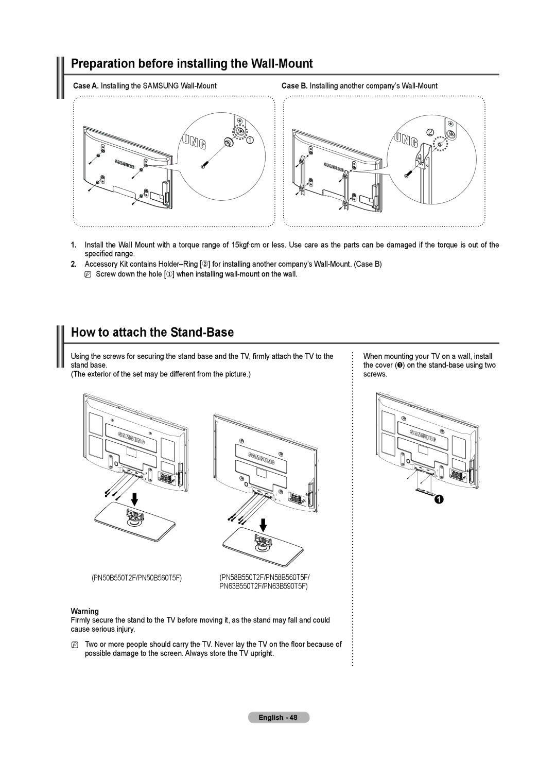 Samsung PN58B560T5F, PN50B550T2F, PN50B560T5F Preparation before installing the Wall-Mount, How to attach the Stand-Base 