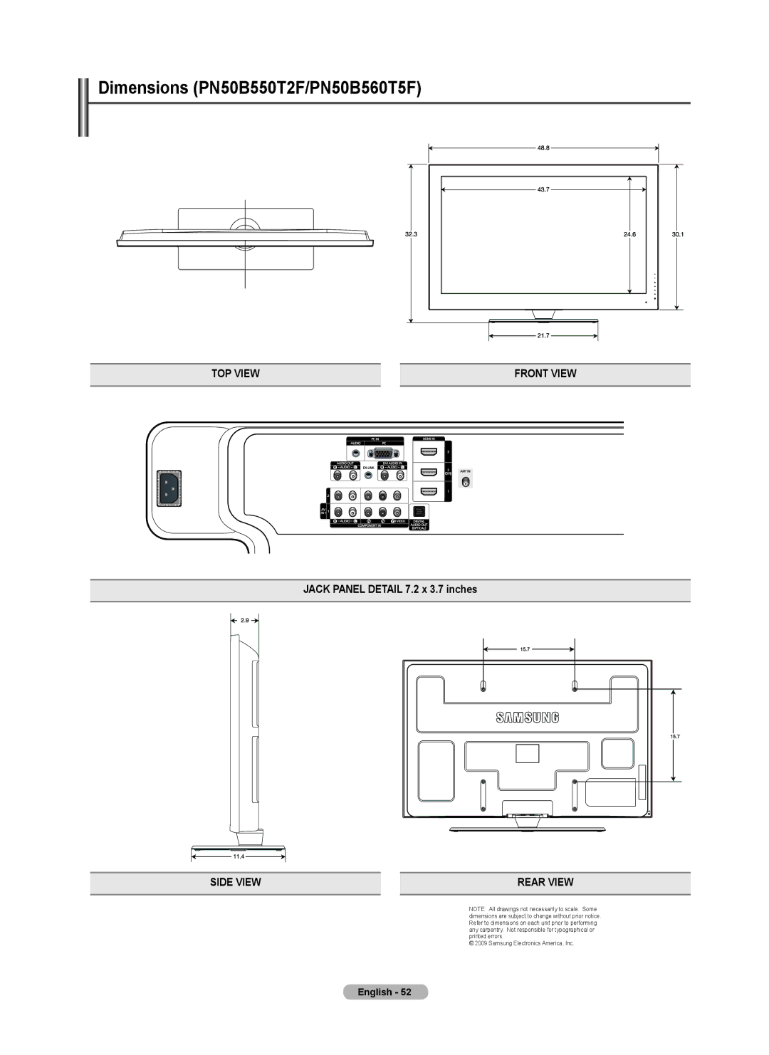 Samsung PN63B590T5F, PN58B550T2F, PN63B550T2F Dimensions PN50B550T2F/PN50B560T5F, Jack Panel Detail 7.2 x 3.7 inches 