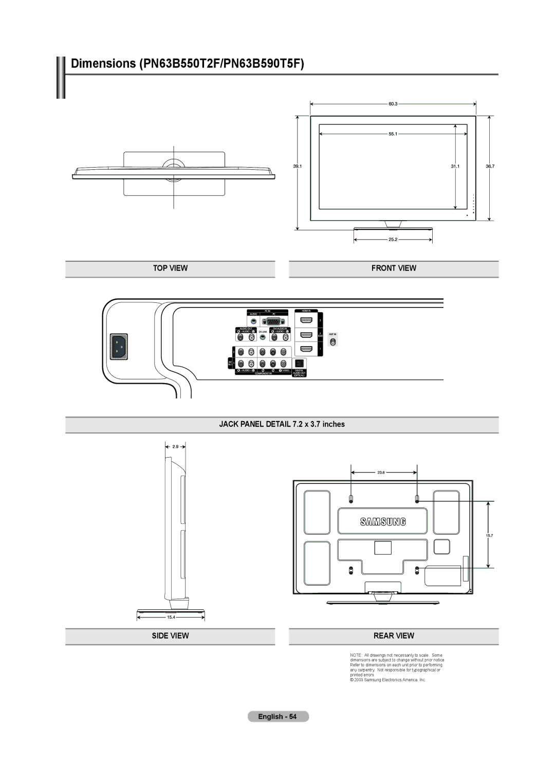 Samsung PN50B550T2F, PN50B560T5F, PN58B550T2F, PN58B560T5F user manual Dimensions PN63B550T2F/PN63B590T5F 