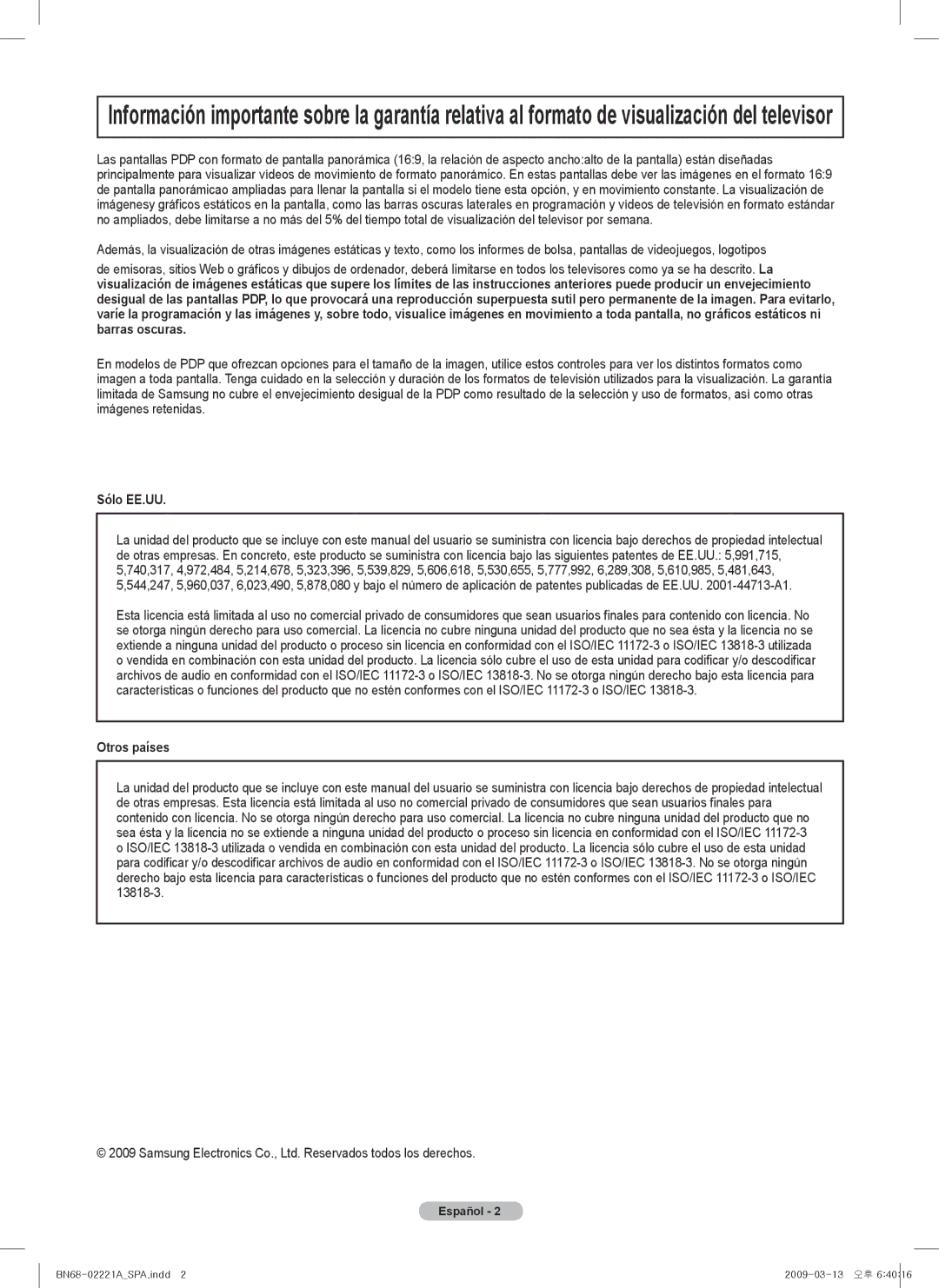 Samsung PN58B560T5F, PN50B550T2F, PN50B560T5F, PN58B550T2F, PN63B590T5F, PN63B550T2F user manual Sólo EE.UU, Otros países 