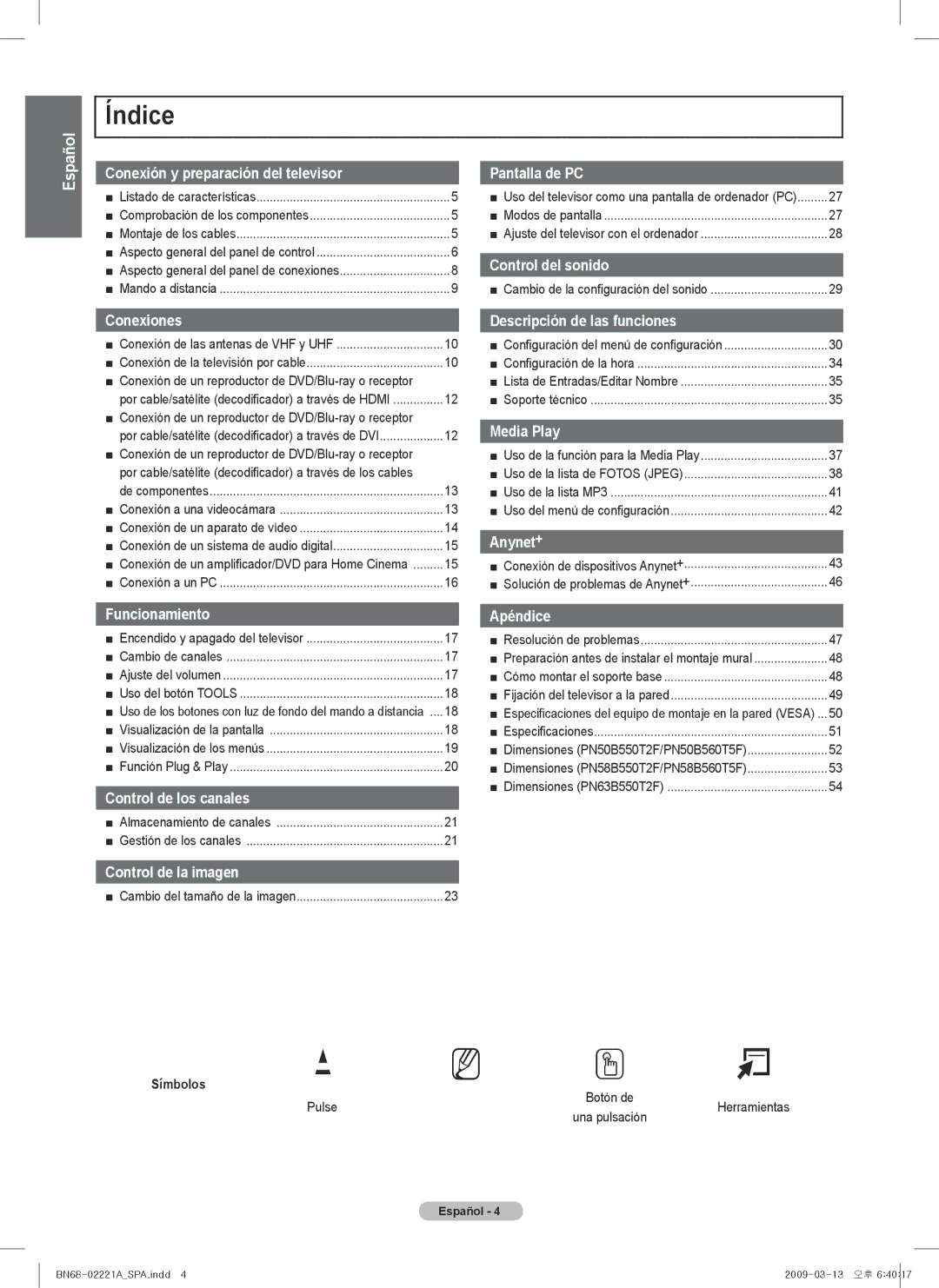 Samsung PN50B560T5F, PN50B550T2F, PN58B550T2F Índice, Conexión de un reproductor de DVD/Blu-ray o receptor, Símbolos, Pulse 