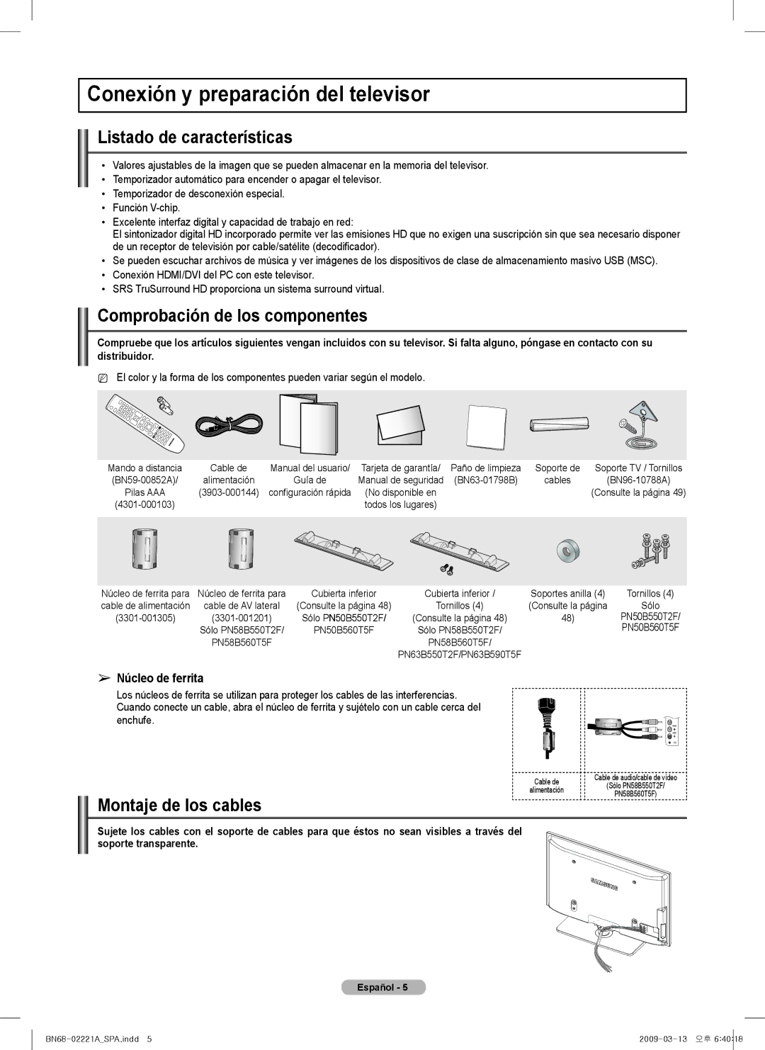 Samsung PN58B550T2F Conexión y preparación del televisor, Listado de características, Comprobación de los componentes 