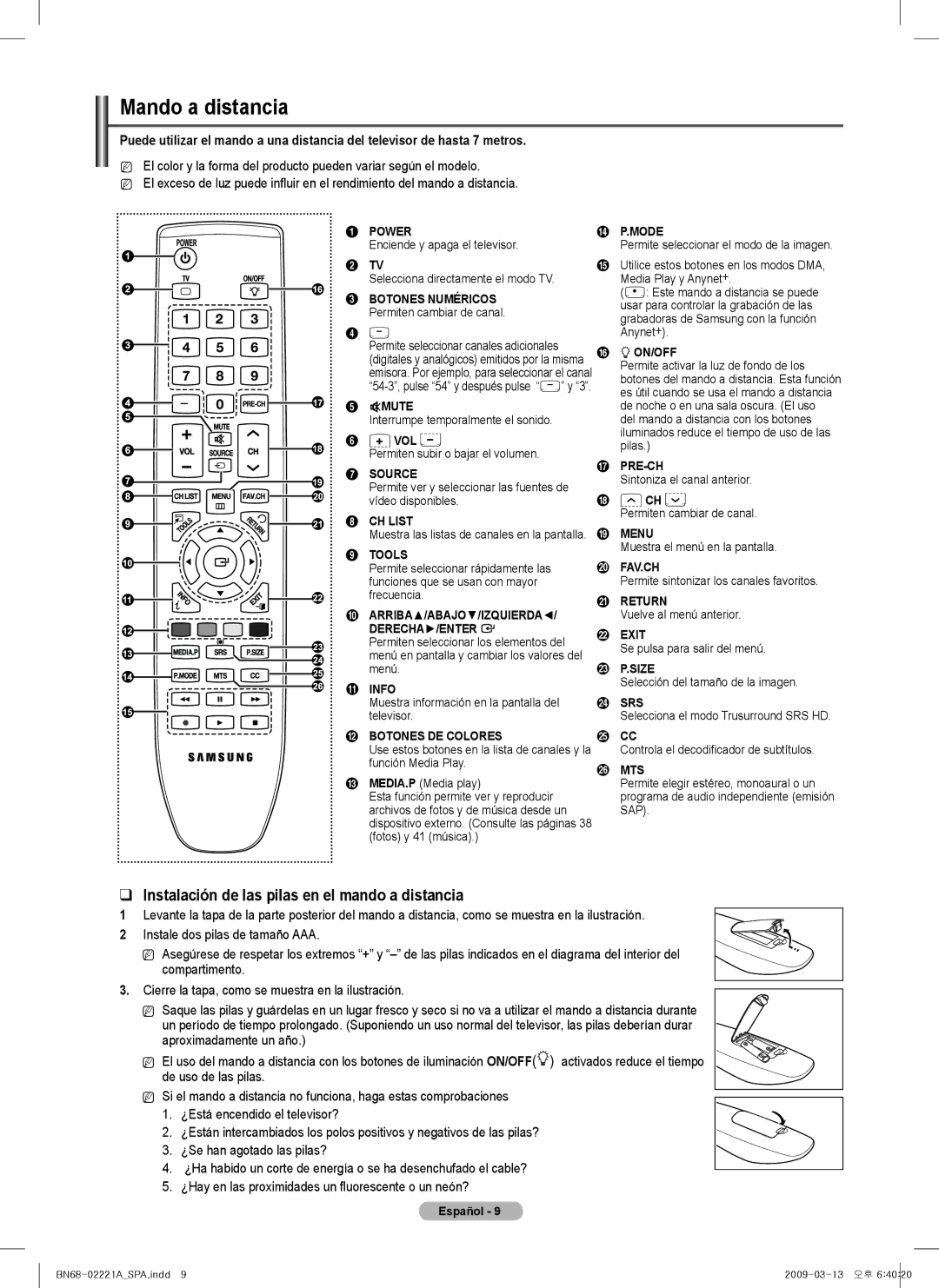 Samsung PN58B560T5F, PN50B550T2F, PN50B560T5F, PN63B590 Mando a distancia, Instalación de las pilas en el mando a distancia 