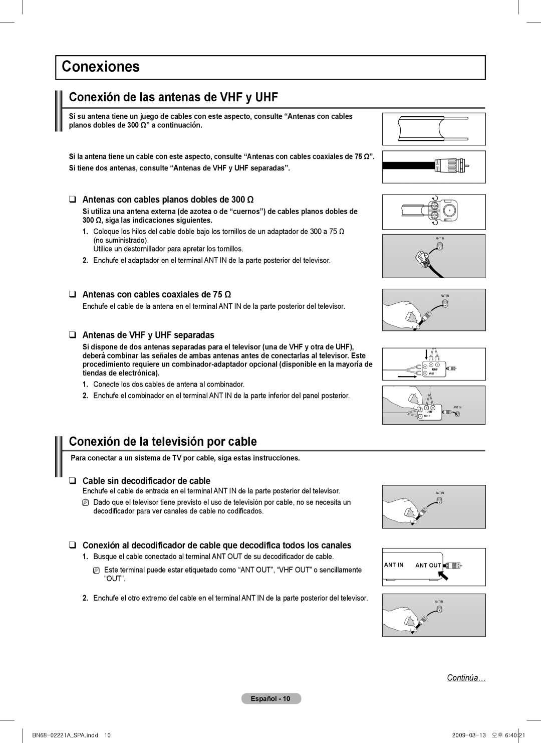 Samsung PN50B550T2F, PN50B560T5F Conexiones, Conexión de las antenas de VHF y UHF, Conexión de la televisión por cable 