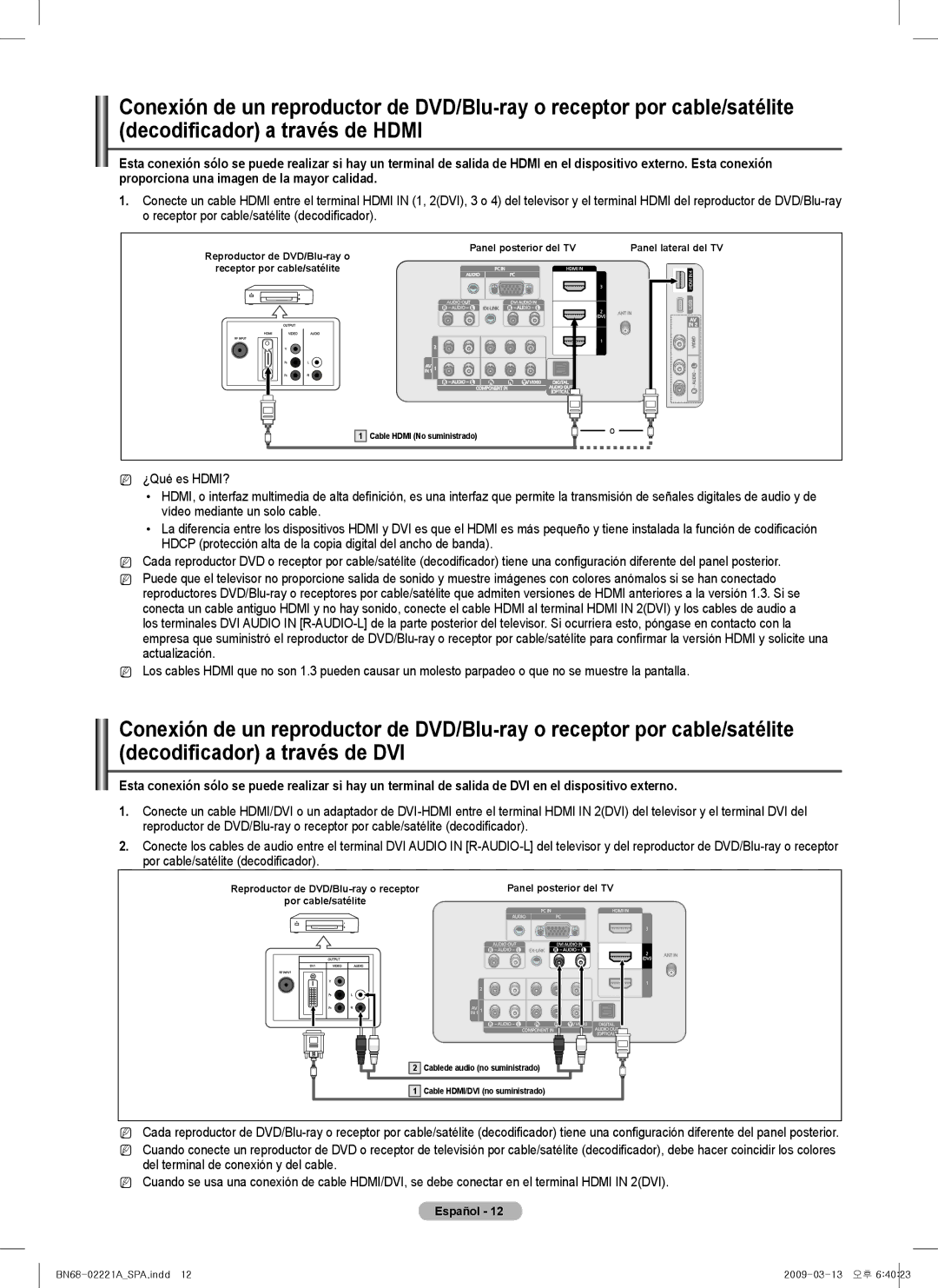 Samsung PN58B550T2F, PN50B550T2F, PN50B560T5F, PN63B590T5F, PN63B550T2F, PN58B560T5F user manual Cable Hdmi No suministrado 