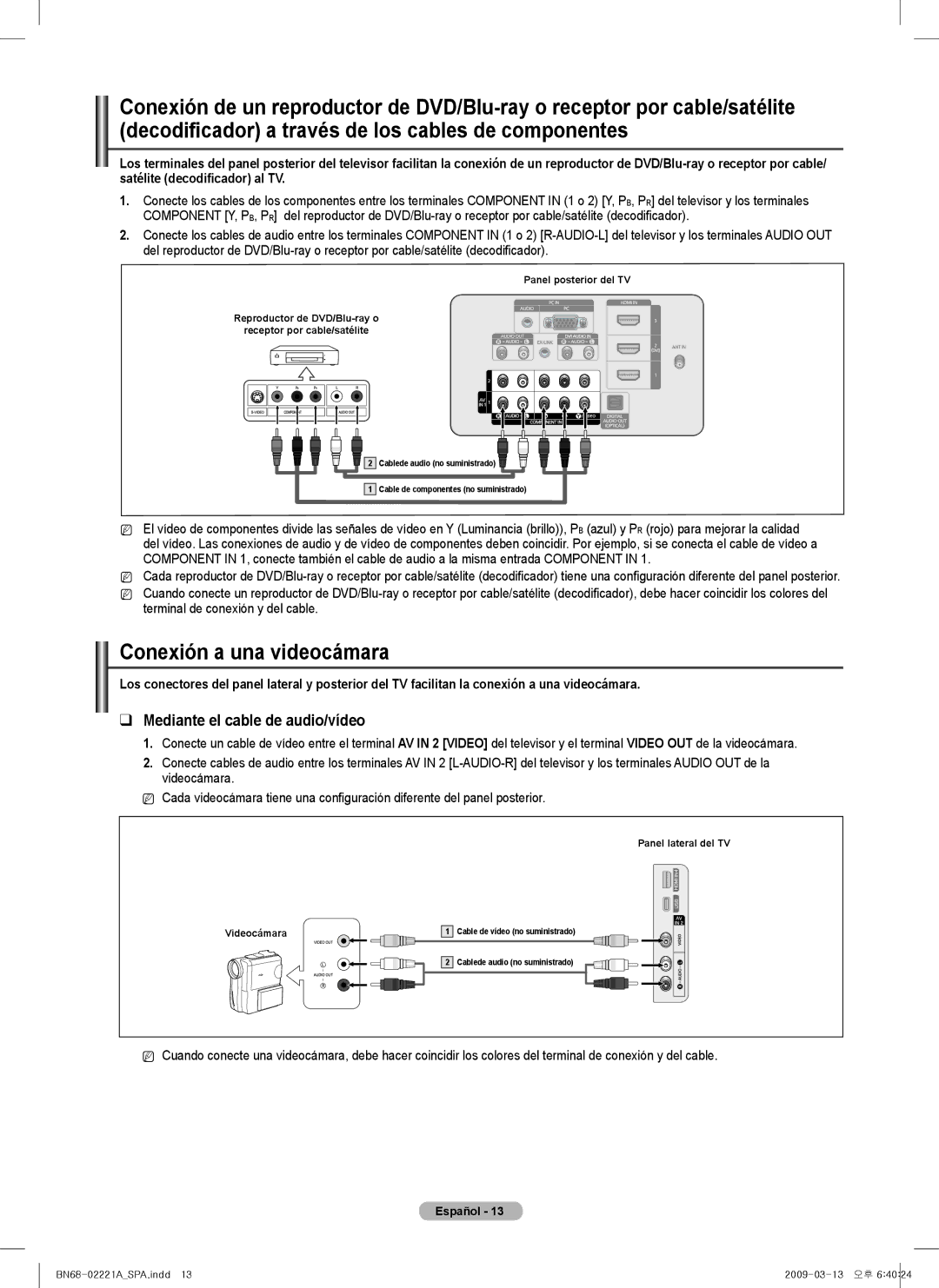 Samsung PN63B590T5F Conexión a una videocámara, Mediante el cable de audio/vídeo, Terminal de conexión y del cable 