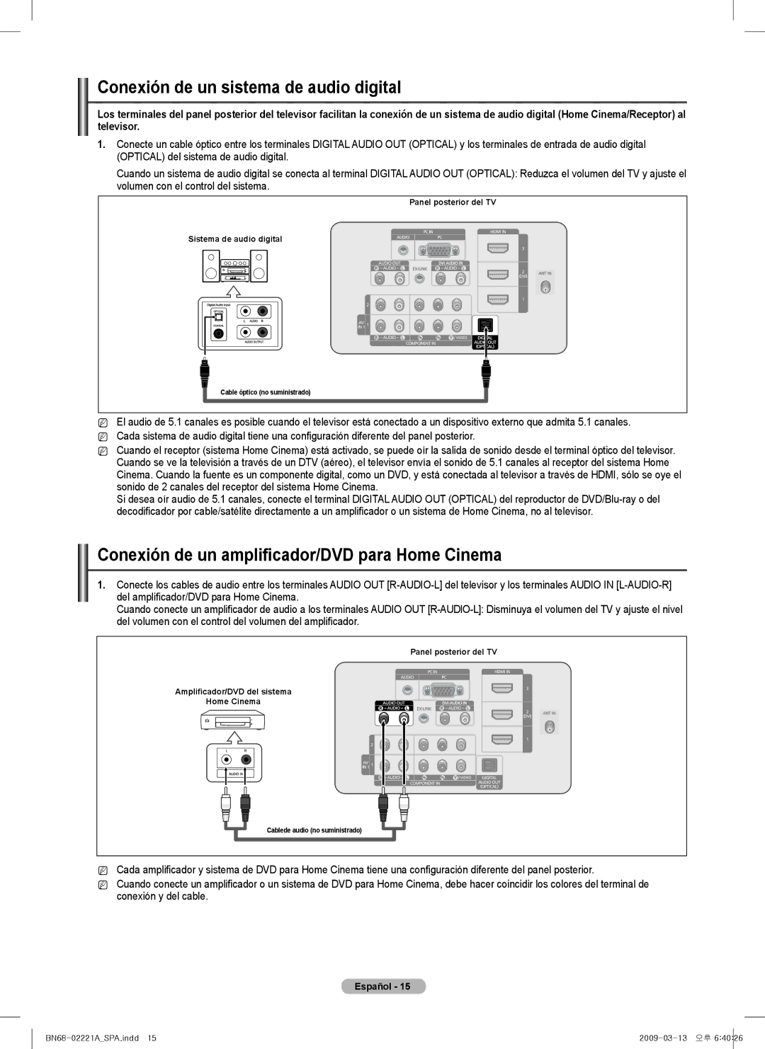 Samsung PN63B550T2F, PN50B550T2F Conexión de un sistema de audio digital, Conexión de un amplificador/DVD para Home Cinema 