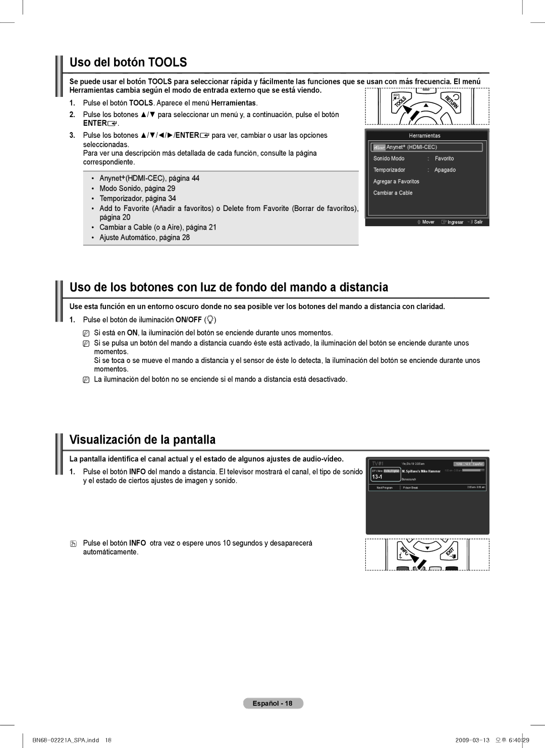 Samsung PN50B560T5F, PN50B550T2F, PN63B590 Uso del botón Tools, Uso de los botones con luz de fondo del mando a distancia 