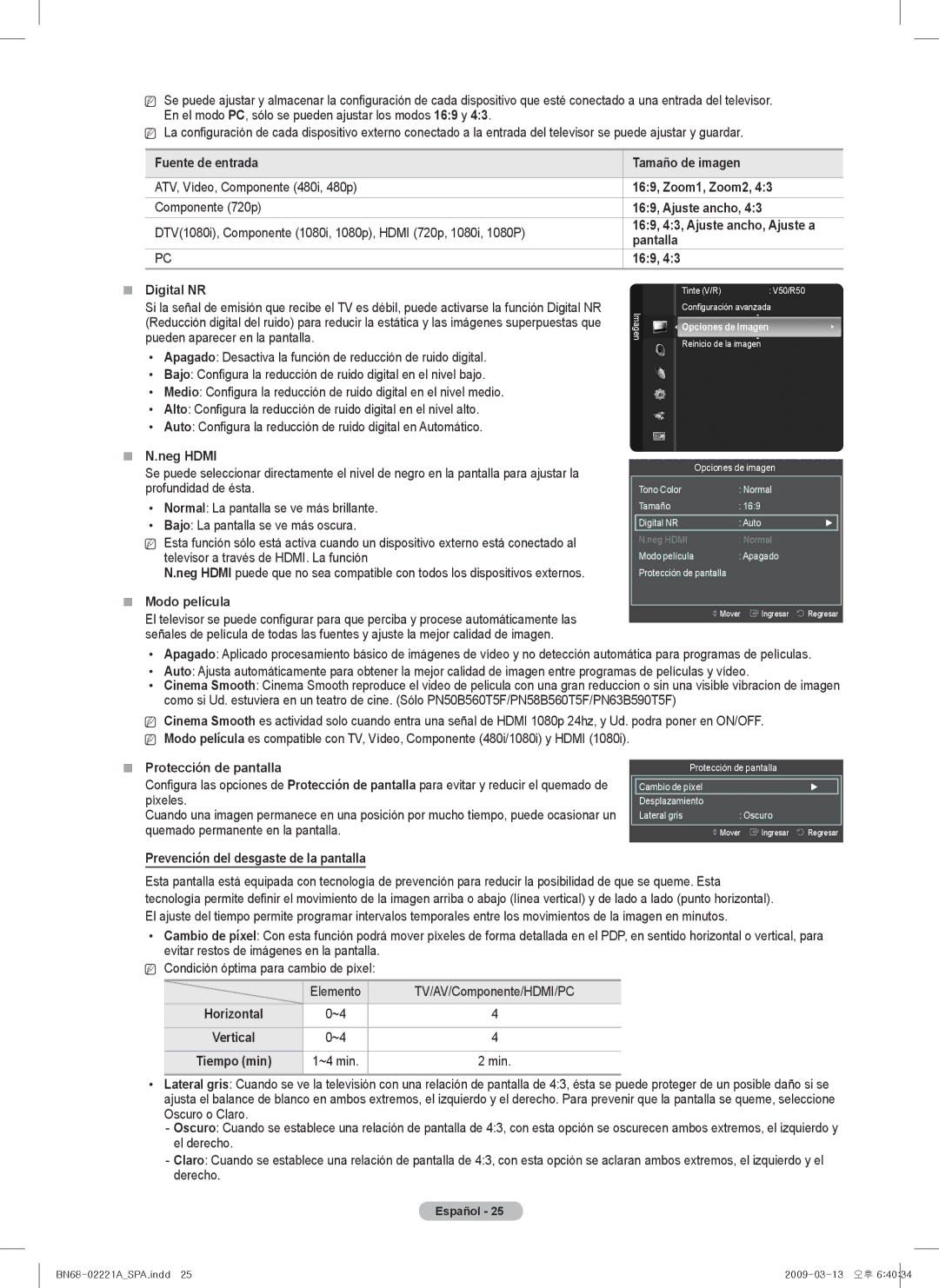 Samsung PN50B560T5F, PN50B550T2F, PN58B550T2F Fuente de entrada,  N.neg Hdmi,  Modo película,  Protección de pantalla 