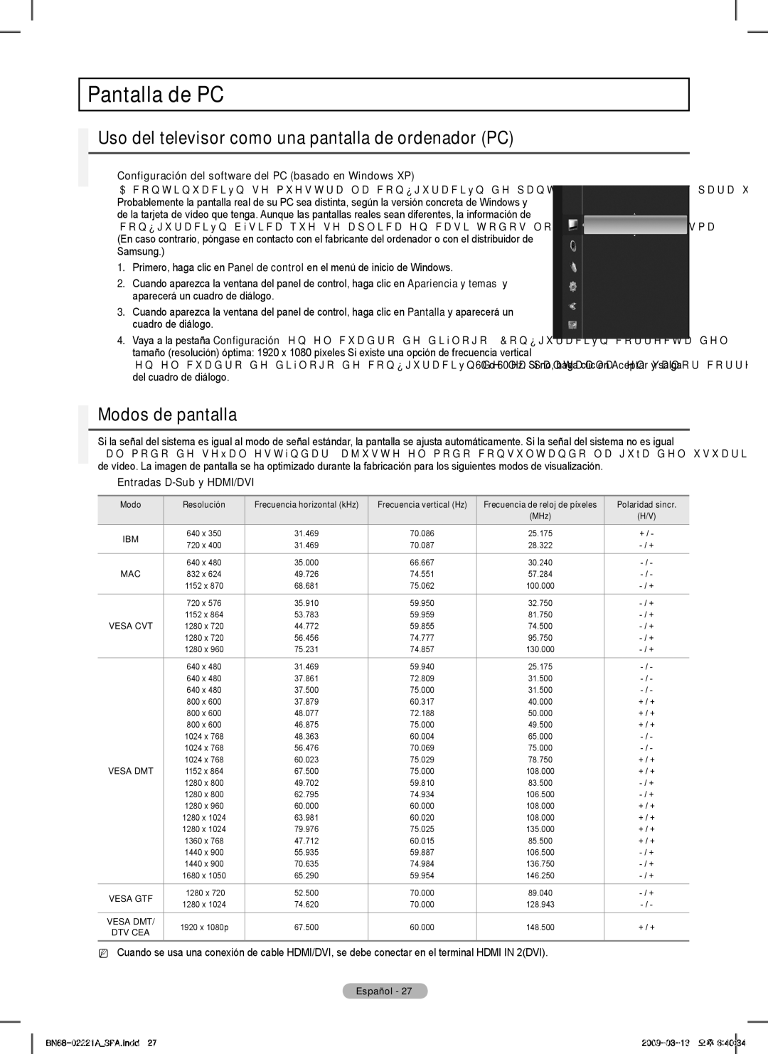 Samsung PN63B590T5F, PN50B550T2F Pantalla de PC, Uso del televisor como una pantalla de ordenador PC, Modos de pantalla 