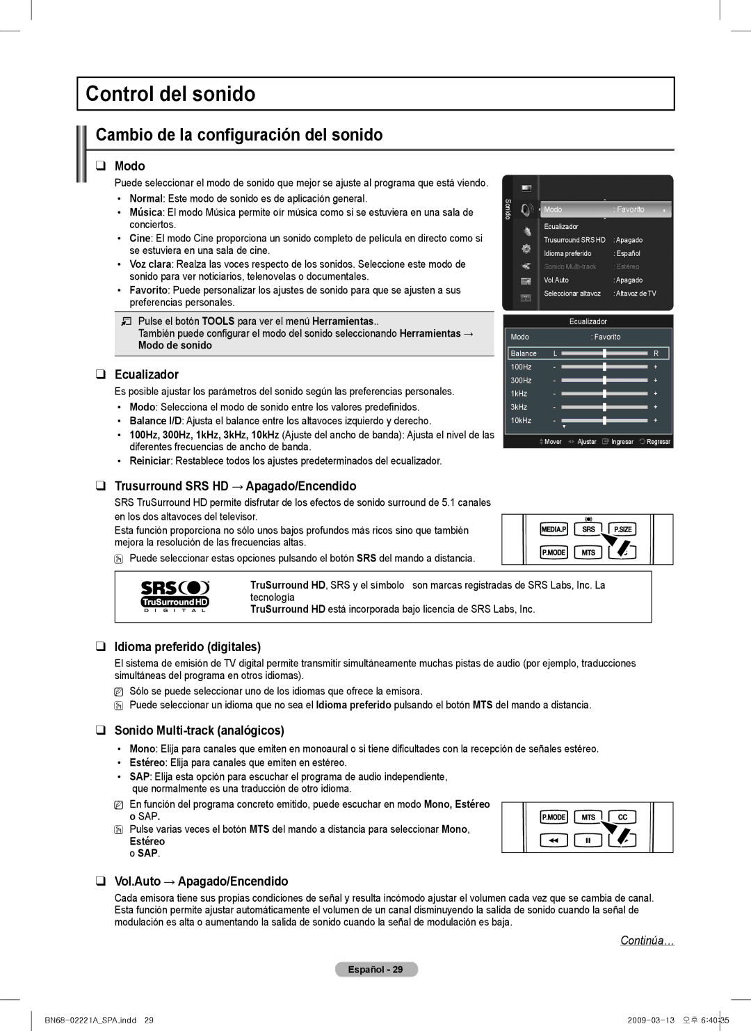 Samsung PN63B550T2F, PN50B550T2F, PN50B560T5F, PN58B550T2F Control del sonido, Cambio de la configuración del sonido 