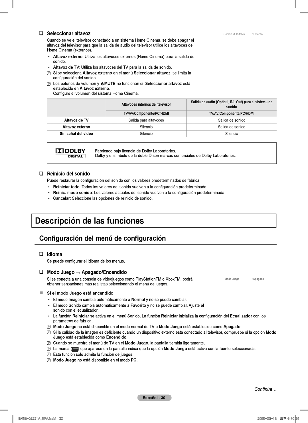 Samsung PN58B560T5F Descripción de las funciones, Configuración del menú de configuración, Reinicio del sonido, Idioma 