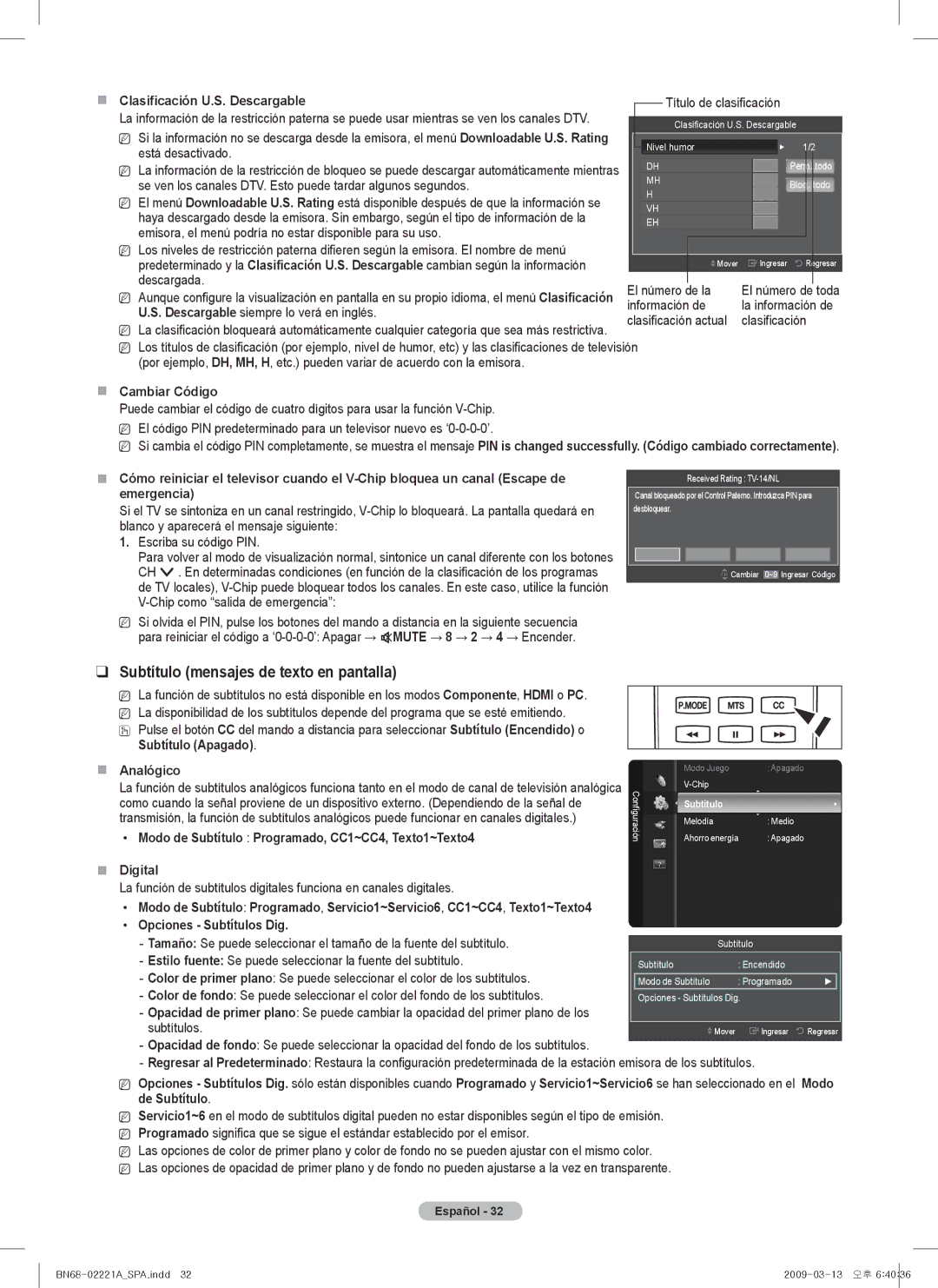 Samsung PN50B560T5F, PN50B550T2F, PN58B550T2F, PN63B590T5F Subtítulo mensajes de texto en pantalla,  Cambiar Código 