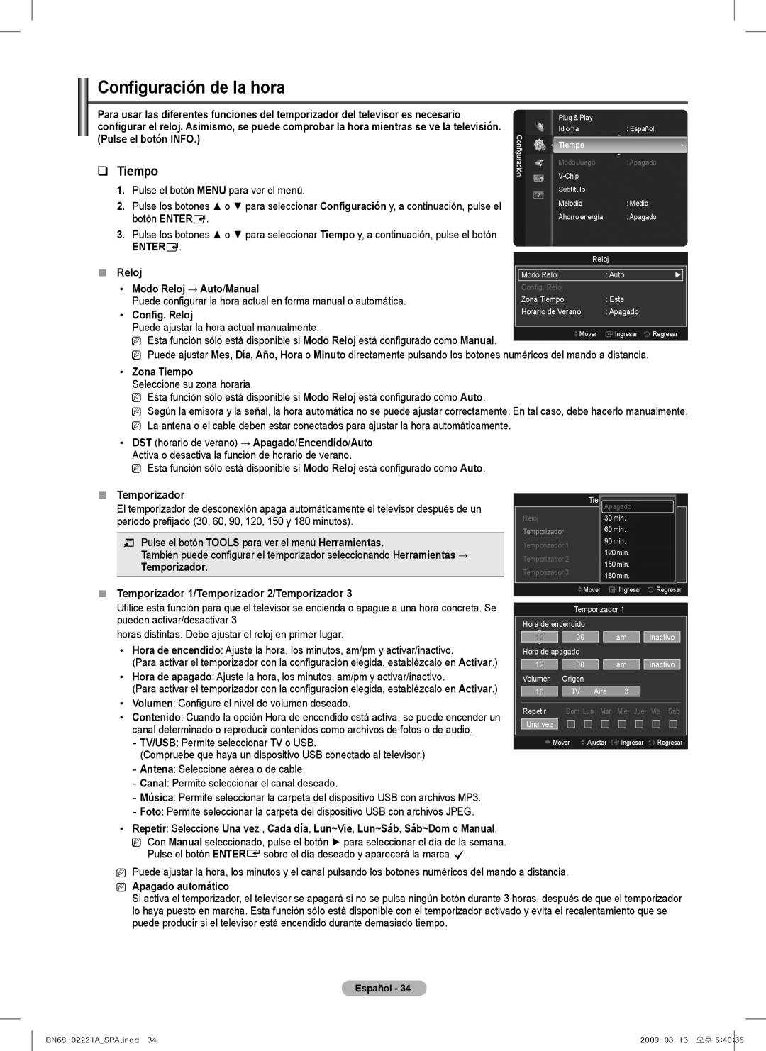 Samsung PN63B590T5F, PN50B550T2F, PN50B560T5F, PN58B550T2F, PN63B550T2F, PN58B560T5F Configuración de la hora, Tiempo 