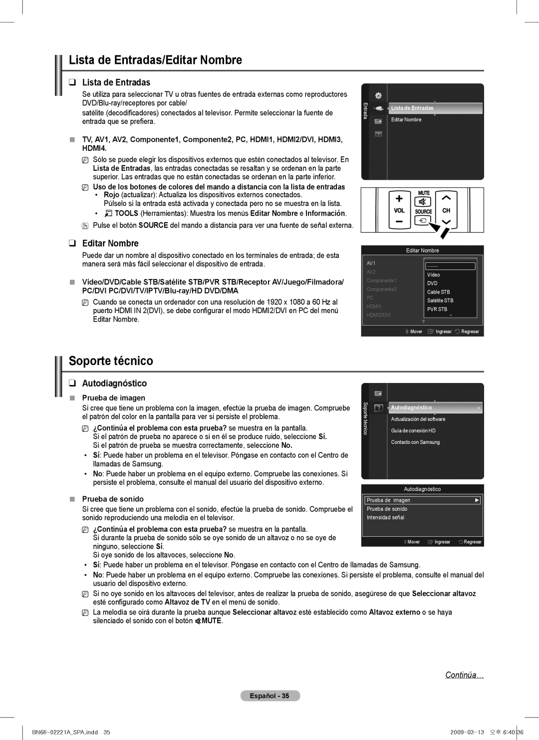 Samsung PN63B590, PN50B550T2F, PN50B560T5F, PN58B550T2F Lista de Entradas/Editar Nombre, Soporte técnico, Autodiagnóstico 