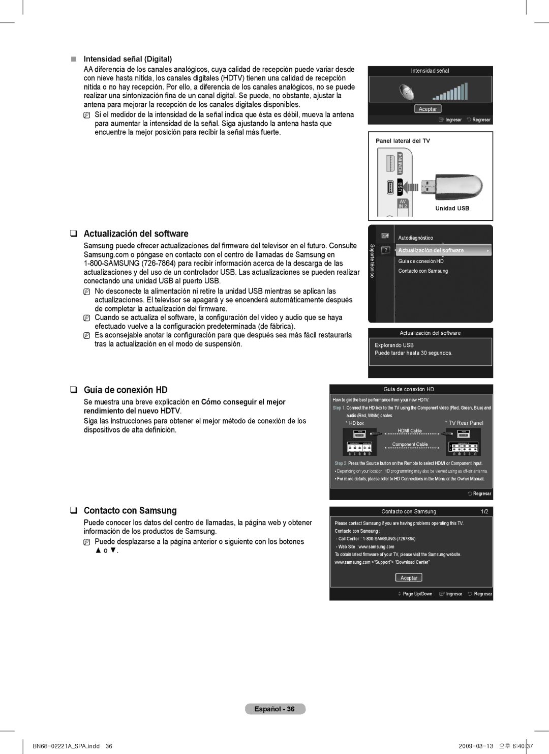 Samsung PN63B550T2F Actualización del software, Guía de conexión HD, Contacto con Samsung,  Intensidad señal Digital 