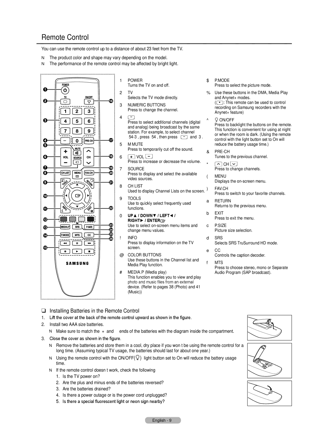 Samsung PN58B550T2F, PN50B550T2F, PN50B560T5F, PN63B590T5F, PN63B550T2F Installing Batteries in the Remote Control 