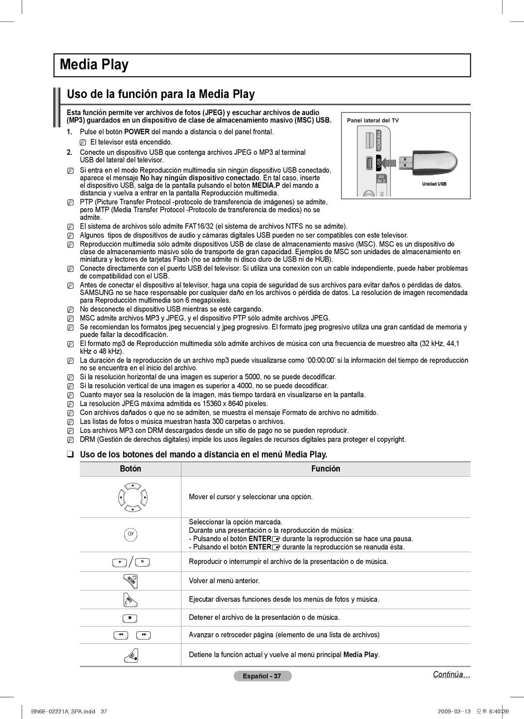 Samsung PN58B560T5F, PN50B550T2F, PN50B560T5F, PN58B550T2F, PN63B590T5F user manual Uso de la función para la Media Play, Botón 