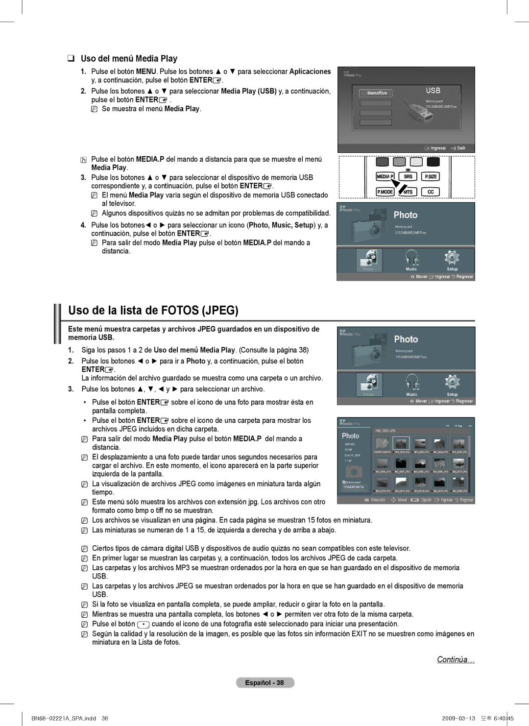 Samsung PN50B550T2F, PN50B560T5F Uso de la lista de Fotos Jpeg, Uso del menú Media Play, Memoria USB, Pulse el botón 